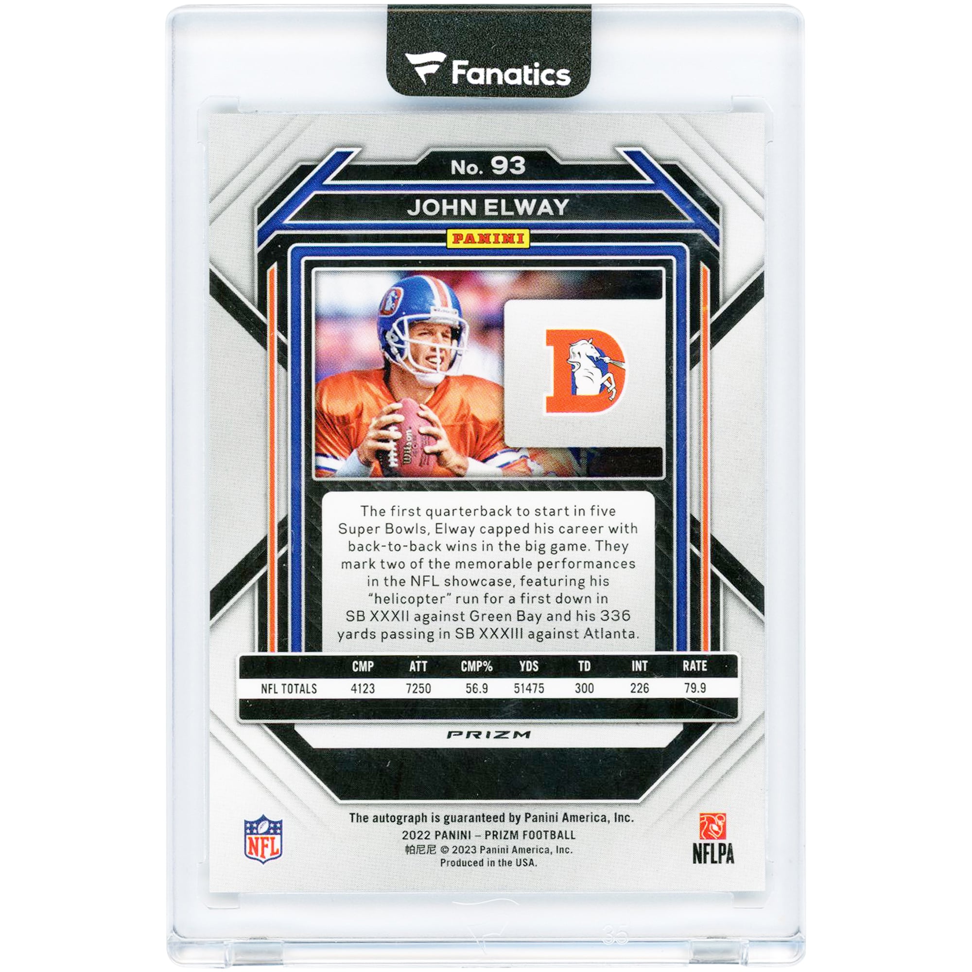 Carte autographiée John Elway des Broncos de Denver, Panini Prizm Silver Prizm 2022 n° 93