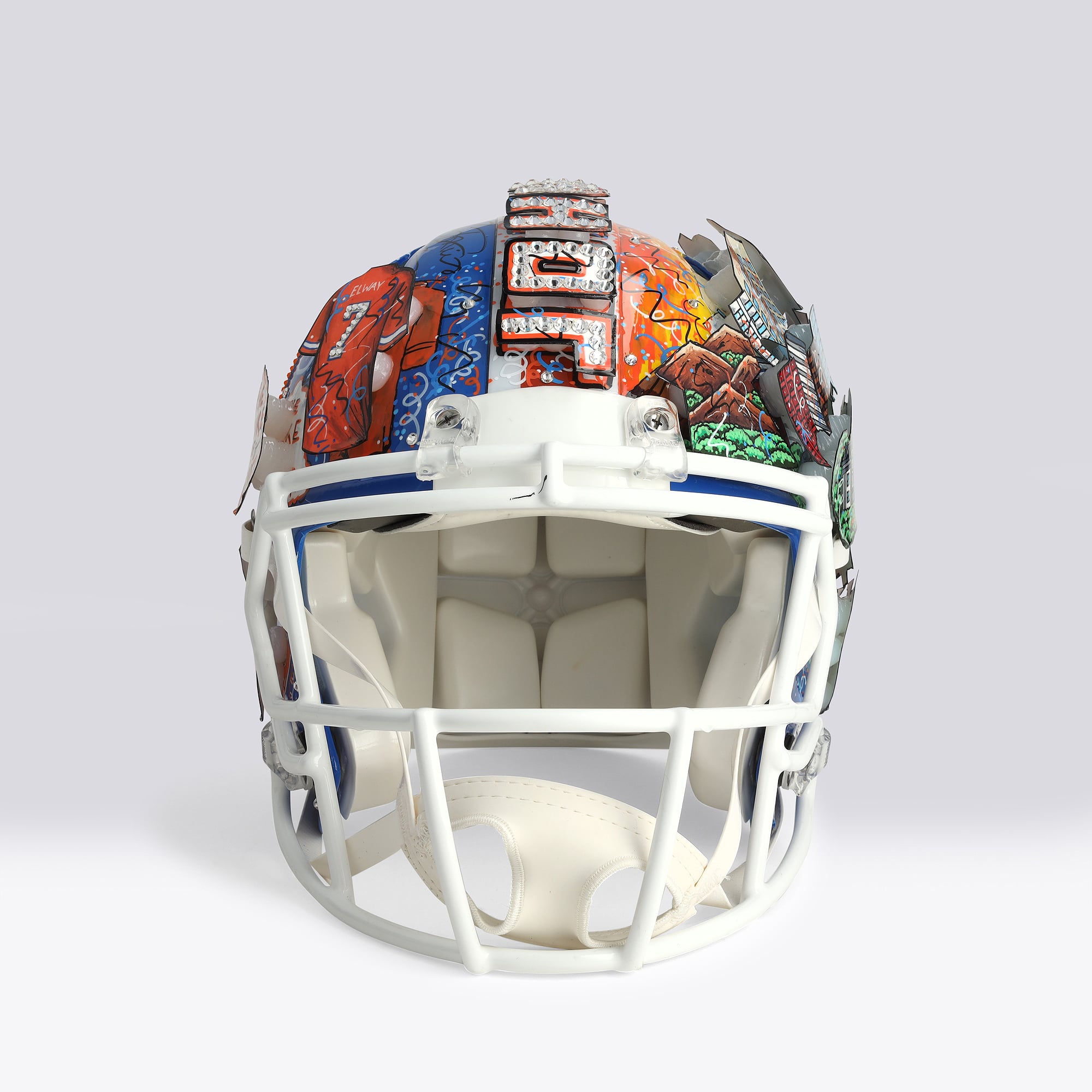 Casque Riddell authentique rétro Speed ​​1975-1996, autographié par John Elway (Denver Broncos), avec inscription « HOF 04 » - Illustration de Charles Fazzino - NF70445950