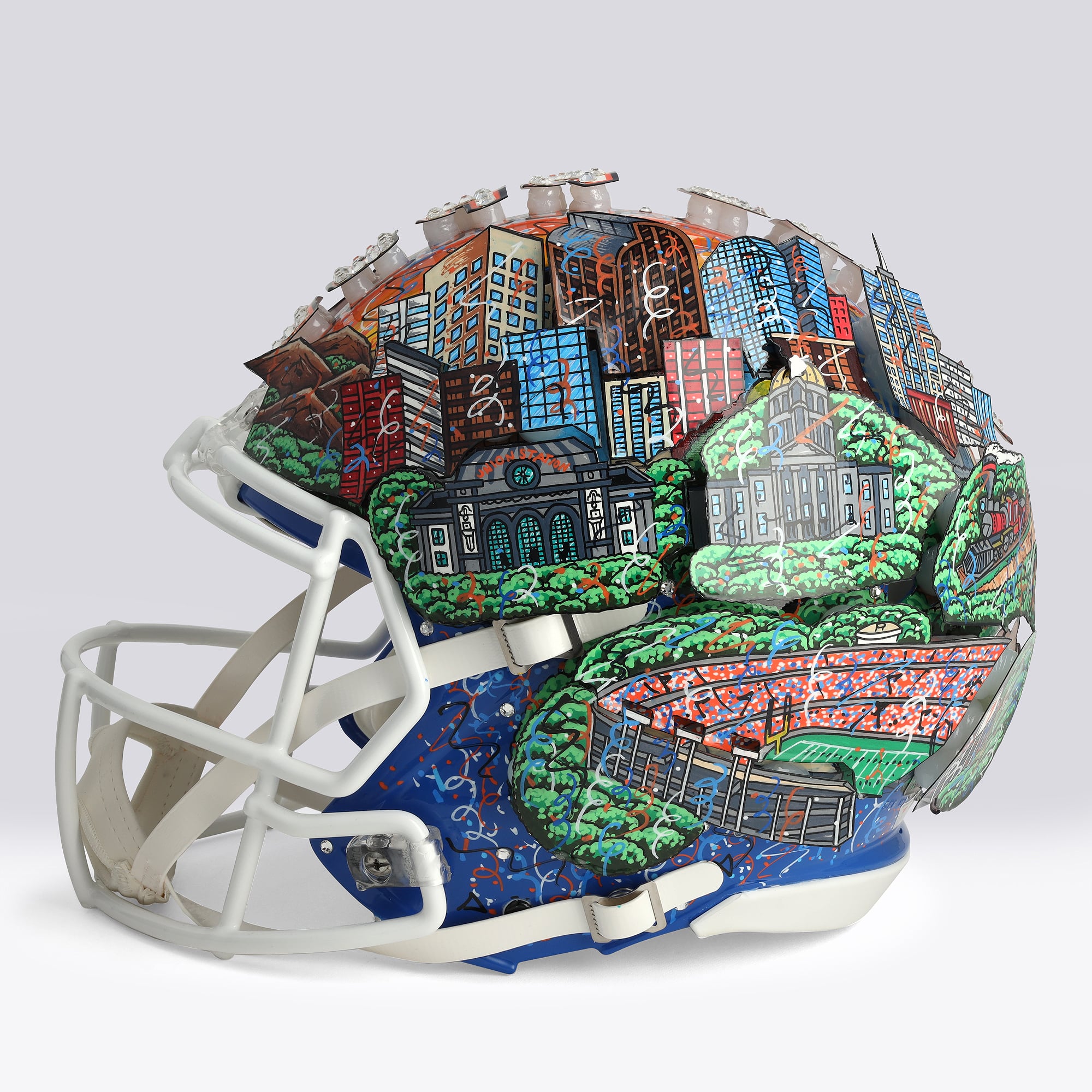 Casque Riddell authentique rétro Speed ​​1975-1996, autographié par John Elway (Denver Broncos), avec inscription « HOF 04 » - Illustration de Charles Fazzino - NF70445950