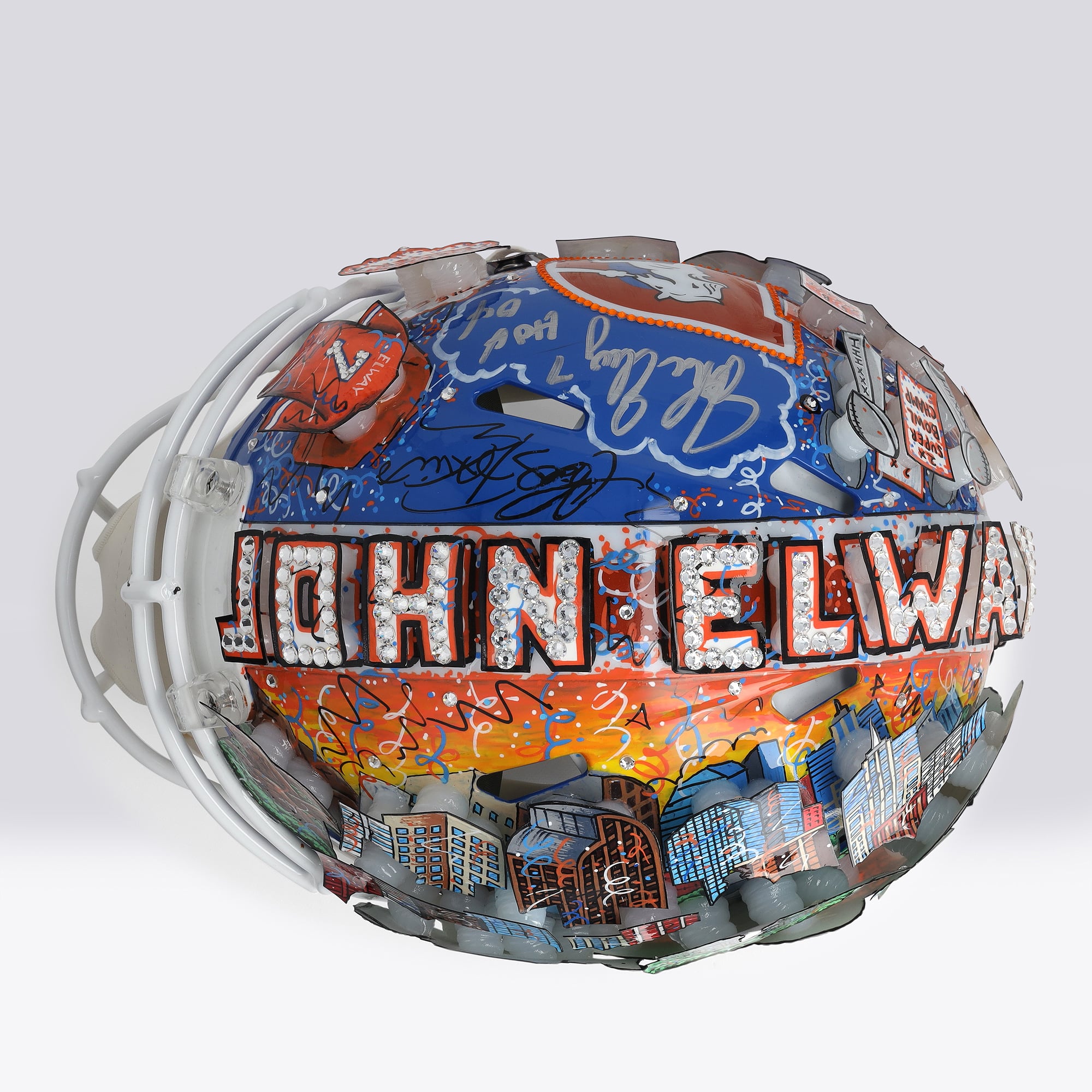 Casque Riddell authentique rétro Speed ​​1975-1996, autographié par John Elway (Denver Broncos), avec inscription « HOF 04 » - Illustration de Charles Fazzino - NF70445950