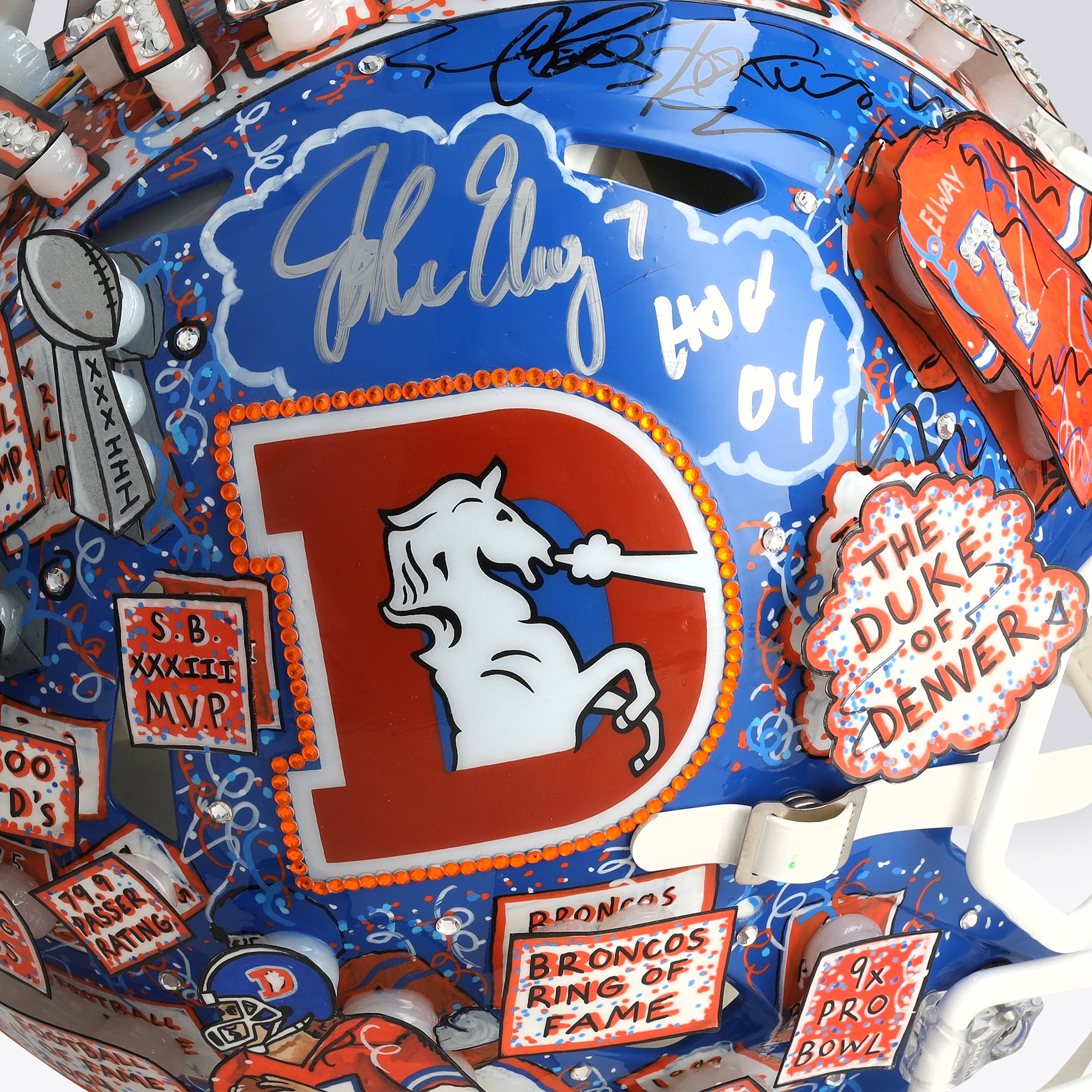 Casque Riddell authentique rétro Speed ​​1975-1996, autographié par John Elway (Denver Broncos), avec inscription « HOF 04 » - Illustration de Charles Fazzino - NF70445950