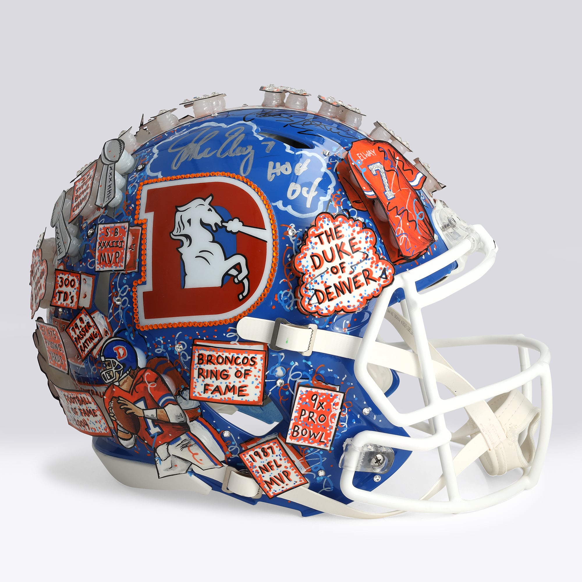 Casque Riddell authentique rétro Speed ​​1975-1996, autographié par John Elway (Denver Broncos), avec inscription « HOF 04 » - Illustration de Charles Fazzino - NF70445950