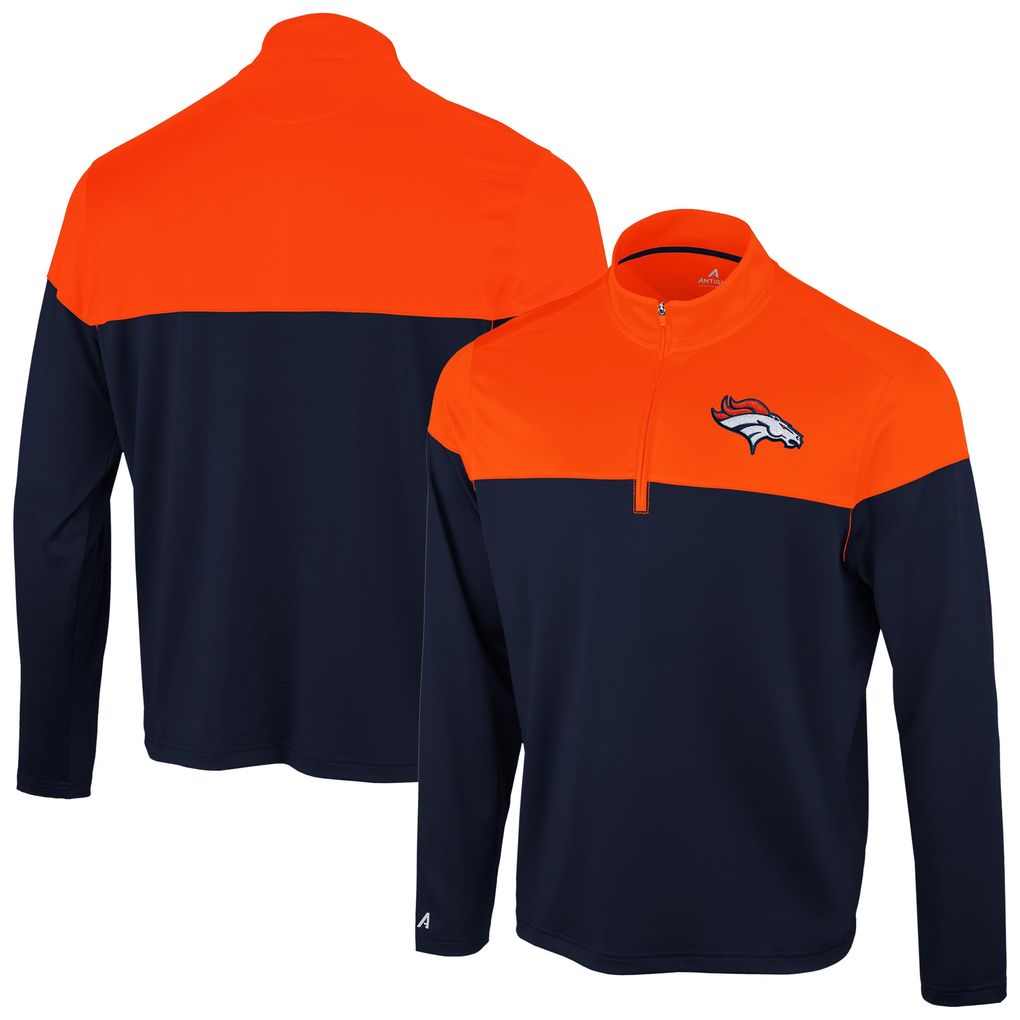 Pull à col zippé Antigua Hinder Denver Broncos bleu marine et orange pour homme