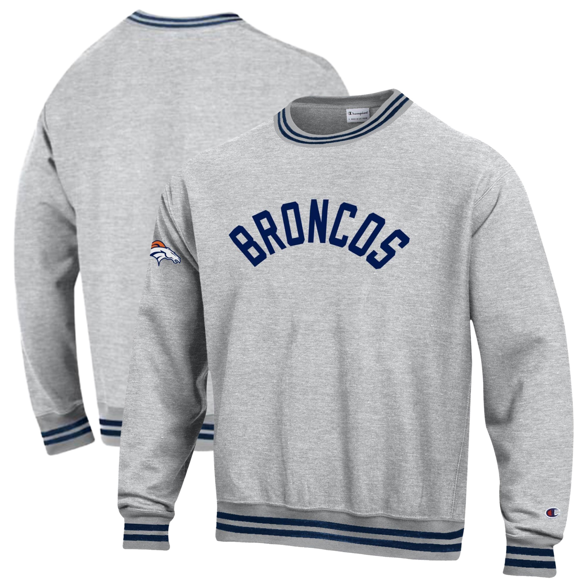 Men's Champion Heather Gray/Navy Denver Broncos Reverse Weave Yarn Dye Sweatshirt