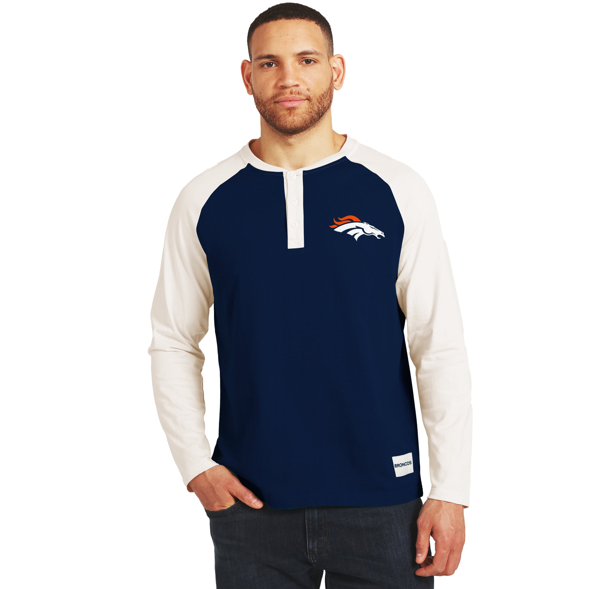 T-shirt à manches longues Henley Denver Broncos, collection Darius Rucker pour homme par Fanatics, bleu marine/crème
