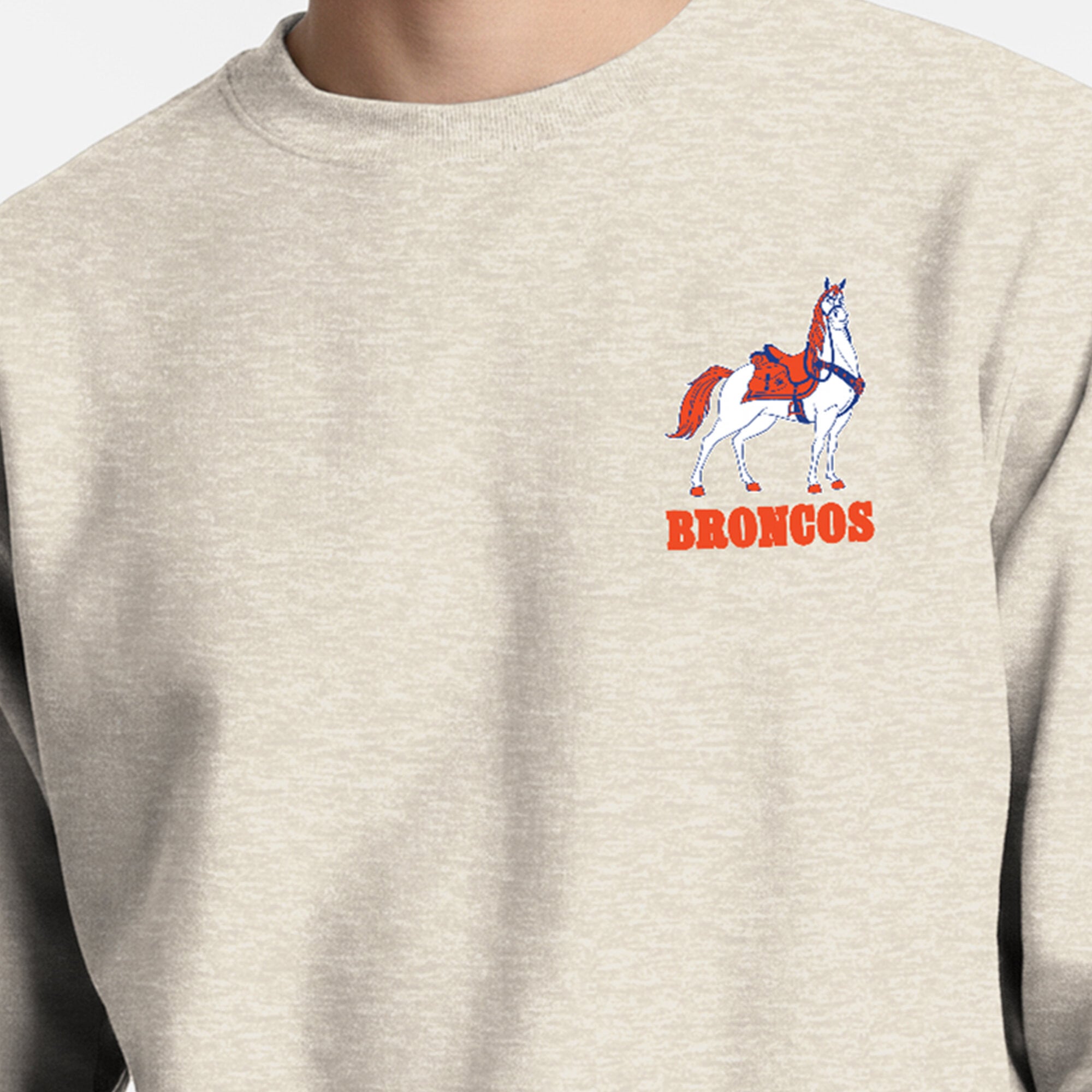 Men's Disney x Champion  Oatmeal Denver Broncos Powerblend Left Chest Fullback Crew Sweatshirt