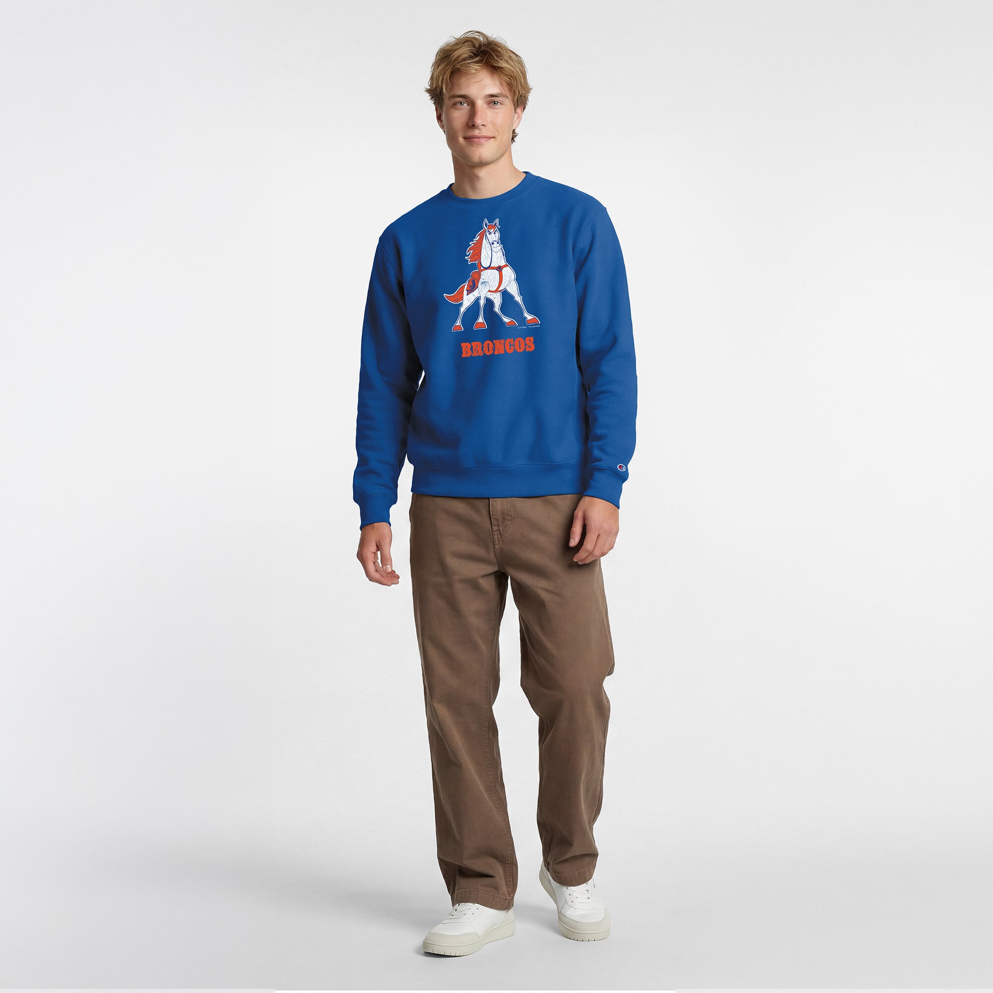 Men's Disney x Champion Royal Denver Broncos Maximus Powerblend Sweatshirt