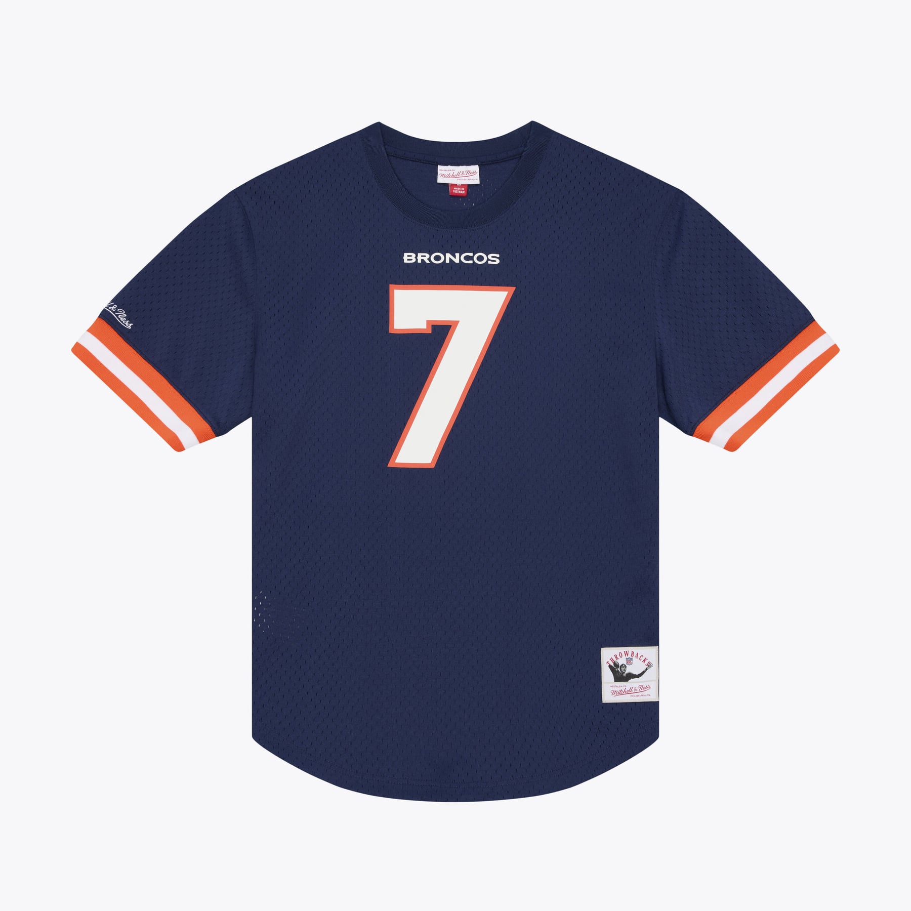 T-shirt en maille Mitchell & Ness John Elway bleu marine pour homme, Denver Broncos, avec nom et numéro de joueur retraité