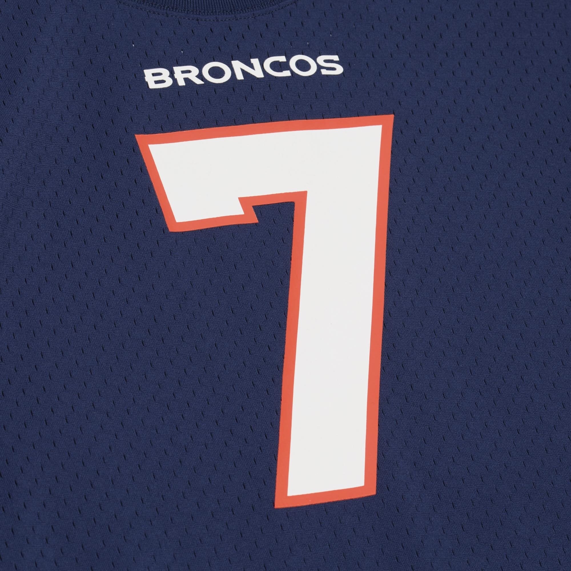 T-shirt en maille Mitchell & Ness John Elway bleu marine pour homme, Denver Broncos, avec nom et numéro de joueur retraité