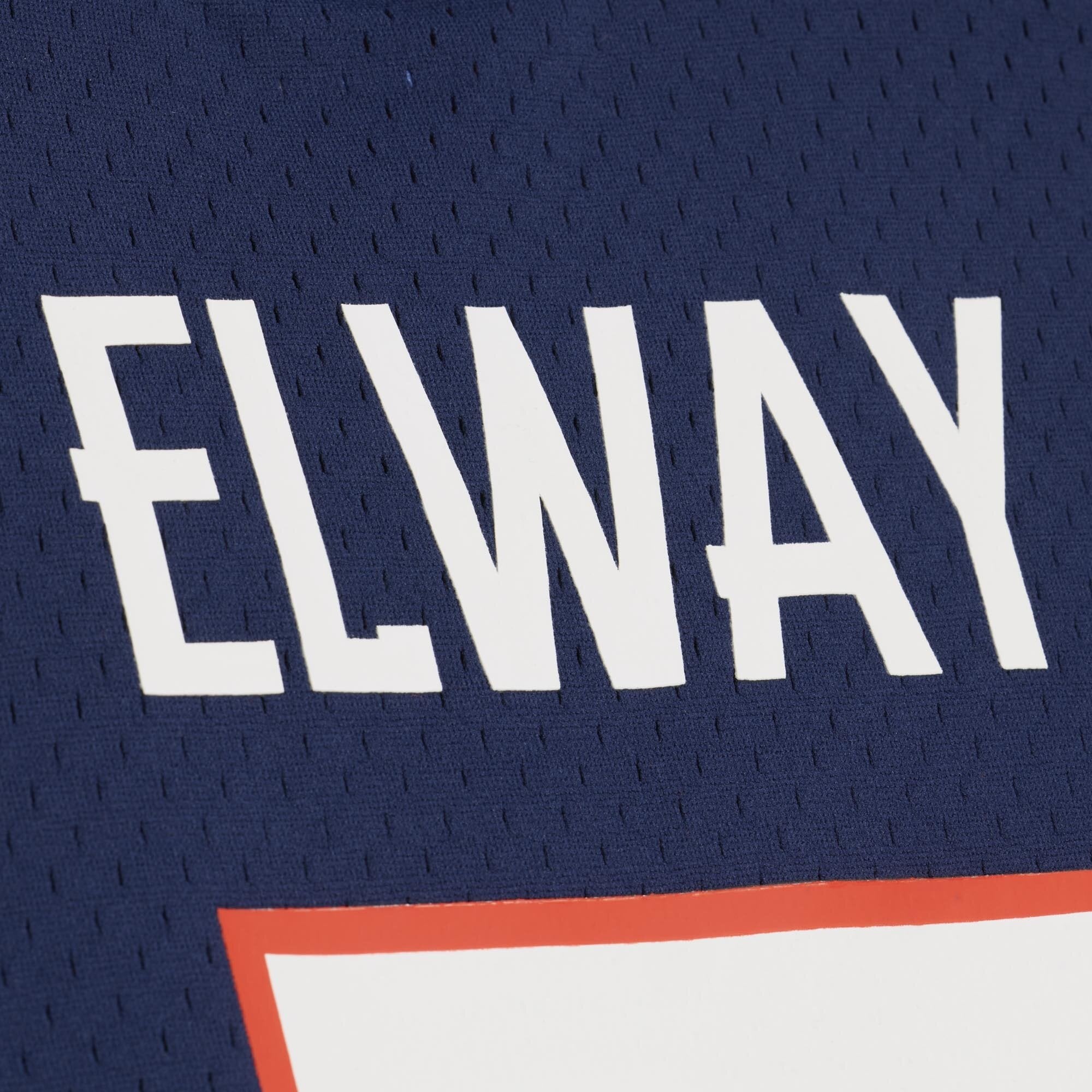 T-shirt en maille Mitchell & Ness John Elway bleu marine pour homme, Denver Broncos, avec nom et numéro de joueur retraité