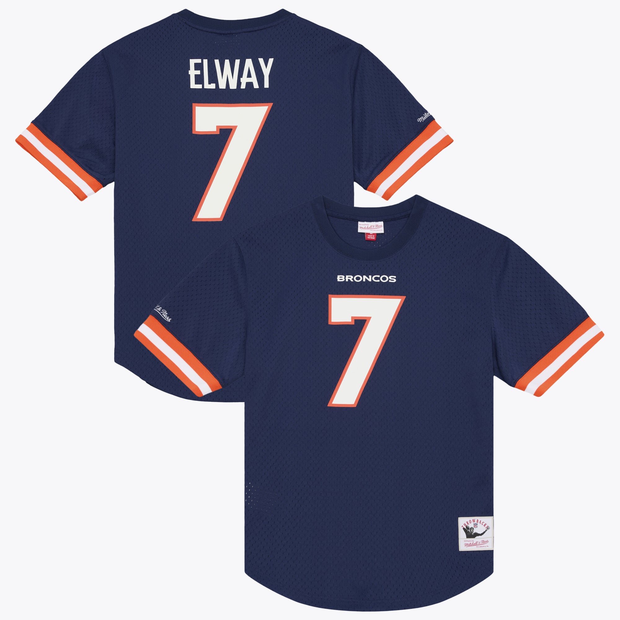 T-shirt en maille Mitchell & Ness John Elway bleu marine pour homme, Denver Broncos, avec nom et numéro de joueur retraité