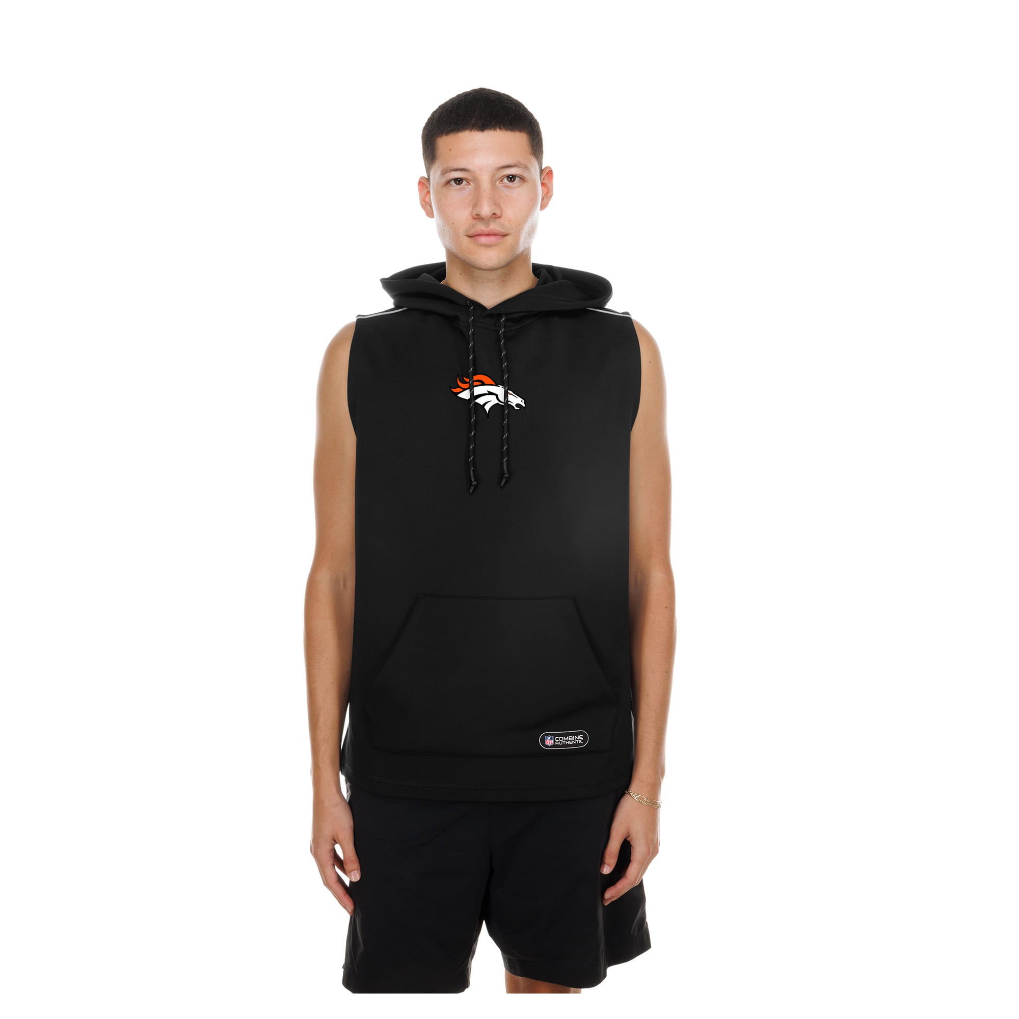 Sweat à capuche sans manches New Era noir Denver Broncos Combine Authentic pour homme