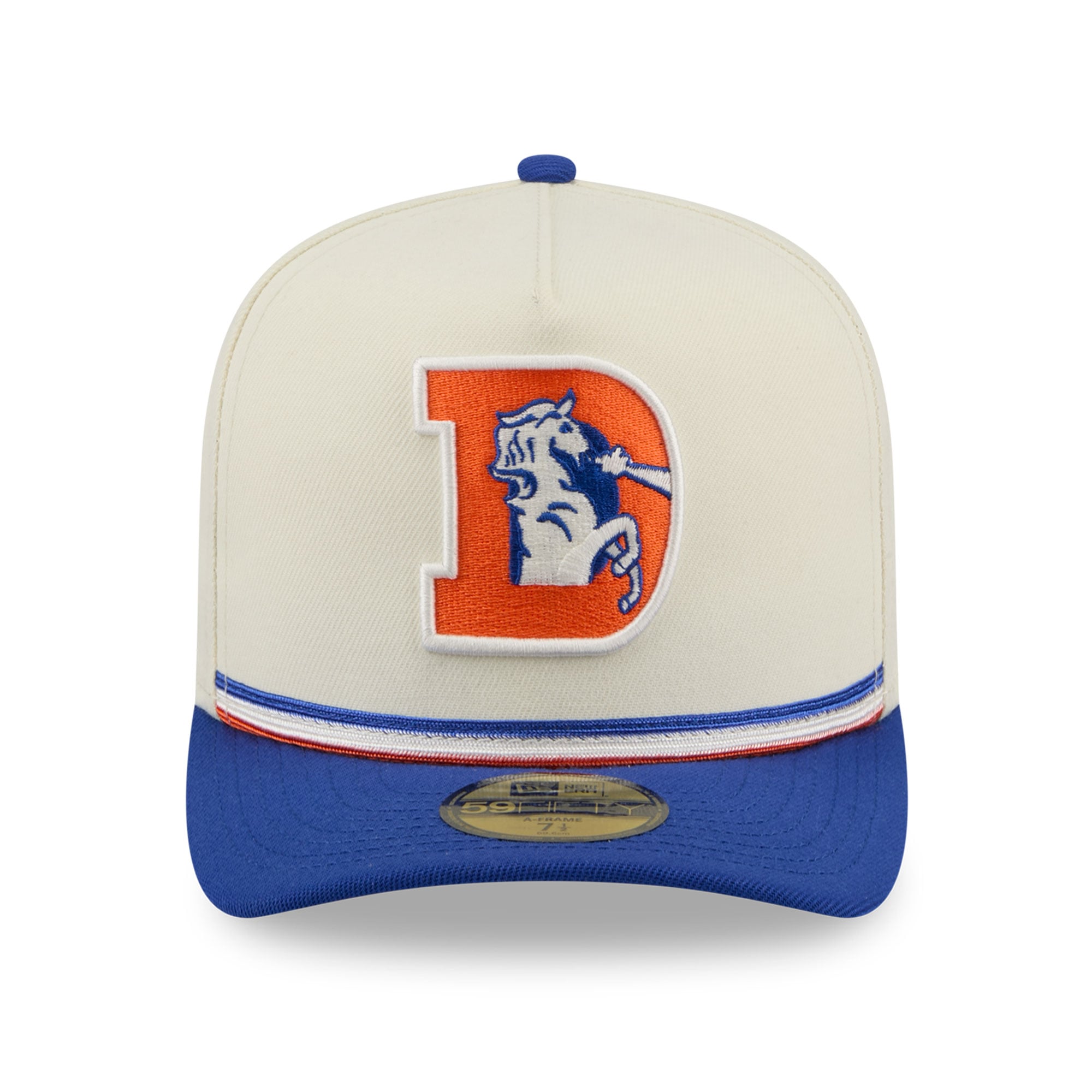 Casquette ajustée New Era 59FIFTY pour homme, coloris crème/bleu royal, Denver Broncos, style rétro.