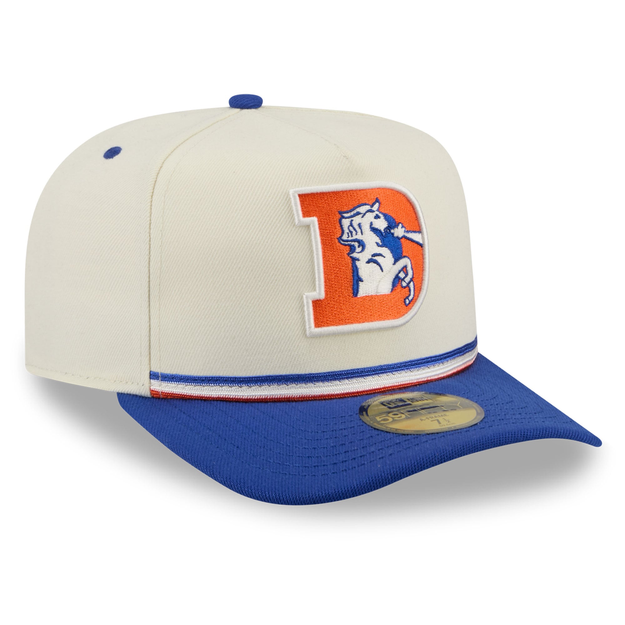 Casquette ajustée New Era 59FIFTY pour homme, coloris crème/bleu royal, Denver Broncos, style rétro.