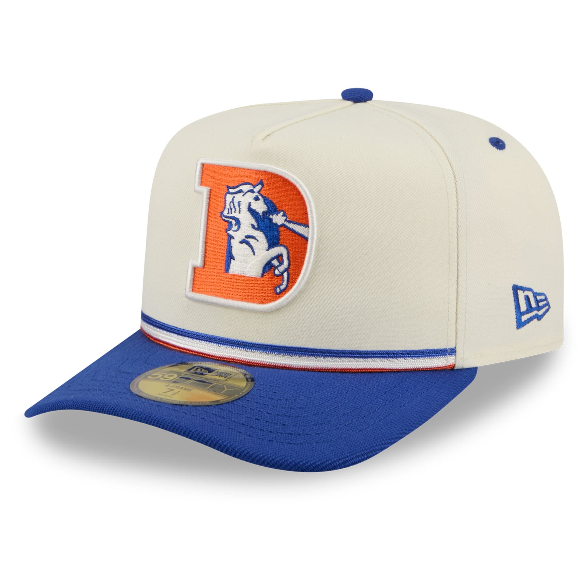 Casquette ajustée New Era 59FIFTY pour homme, coloris crème/bleu royal, Denver Broncos, style rétro.