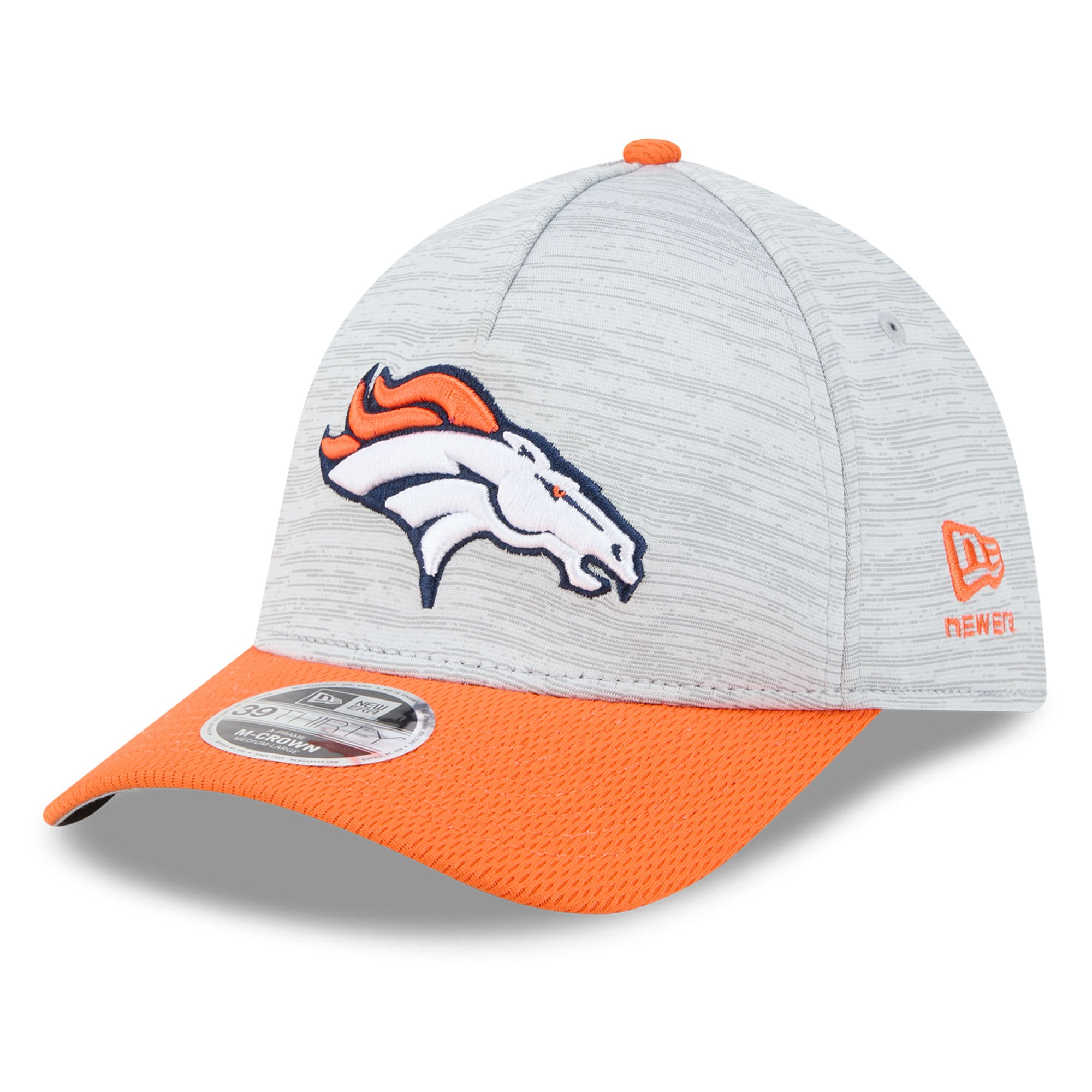 Casquette New Era Flex grise et orange Denver Broncos Tech M-Crown A-Frame 39THIRTY pour homme