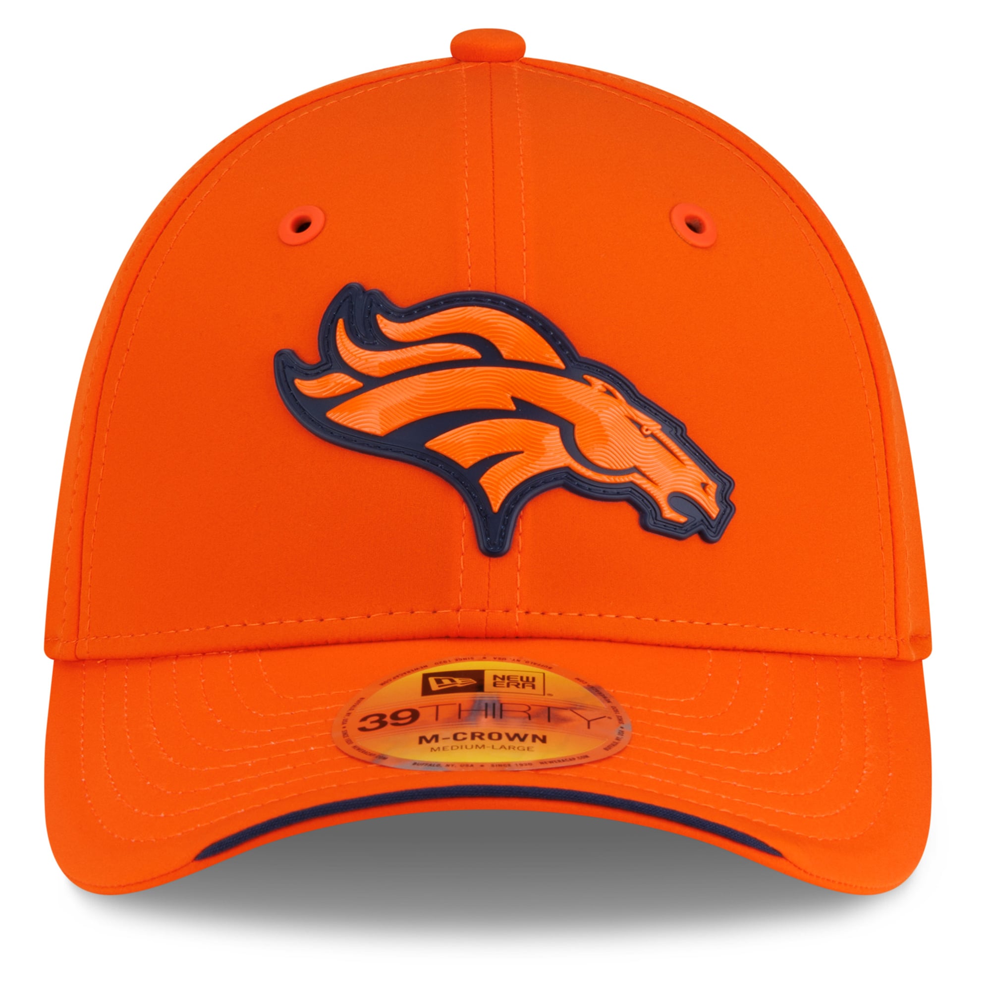 Casquette New Era orange Denver Broncos 2026 Sideline 39THIRTY M-Crown Flex pour homme