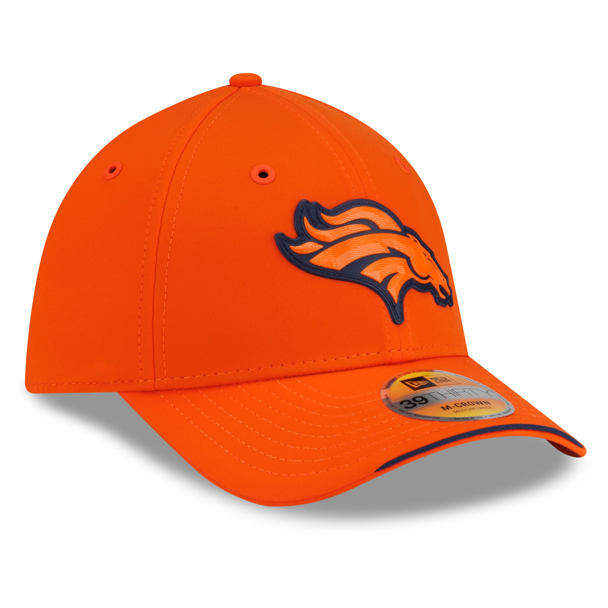 Casquette New Era orange Denver Broncos 2026 Sideline 39THIRTY M-Crown Flex pour homme