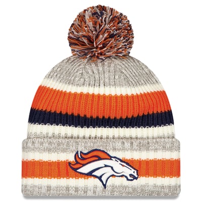 Denver Broncos New Era Stripe Cuff Knit Hat with Pom - Orange/Gray