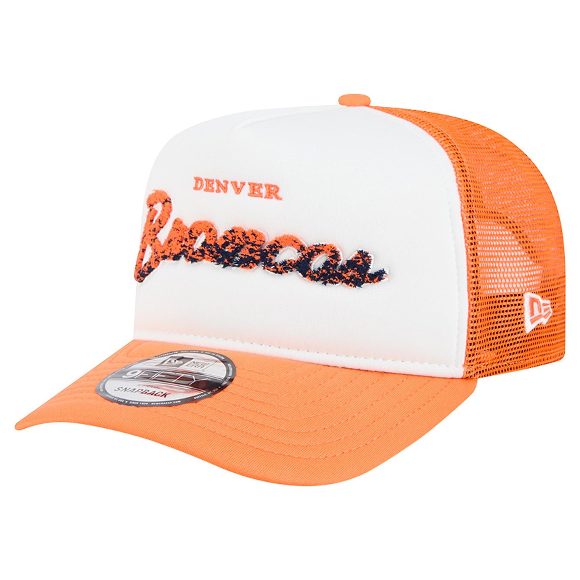 Casquette trucker New Era 9FIFTY Snapback blanche et orange Denver Broncos pour homme