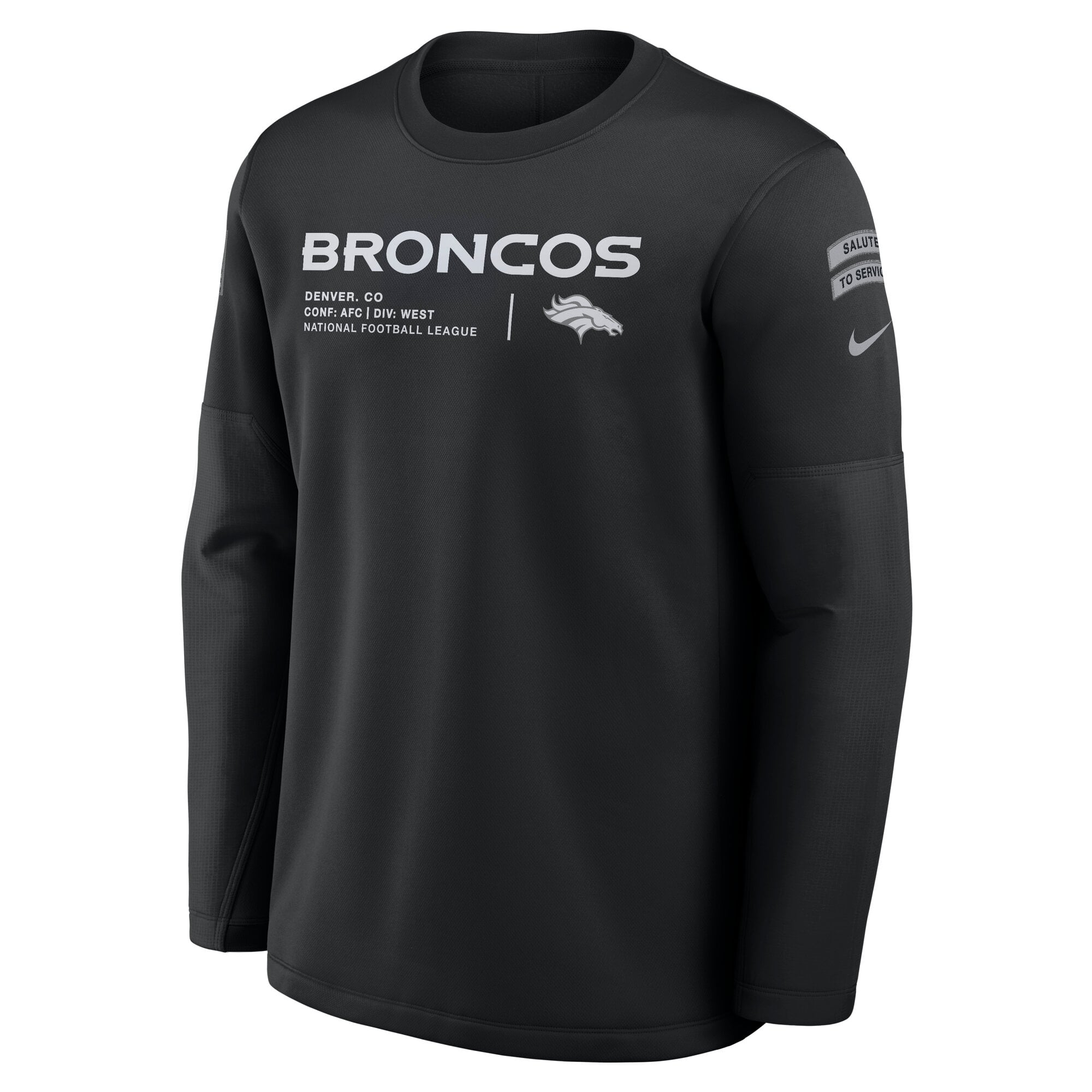 Sweat-shirt Nike noir Denver Broncos 2026 Salute to Service pour entraîneurs de bord touche, col rond, technologie Therma-FIT