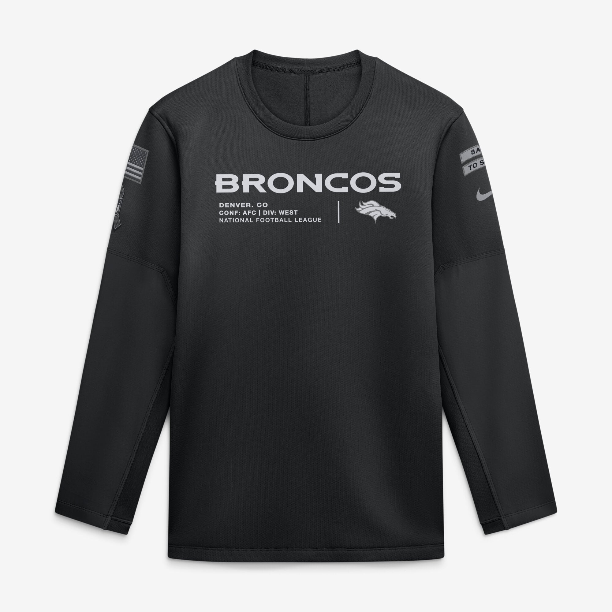 Sweat-shirt Nike noir Denver Broncos 2026 Salute to Service pour entraîneurs de bord touche, col rond, technologie Therma-FIT