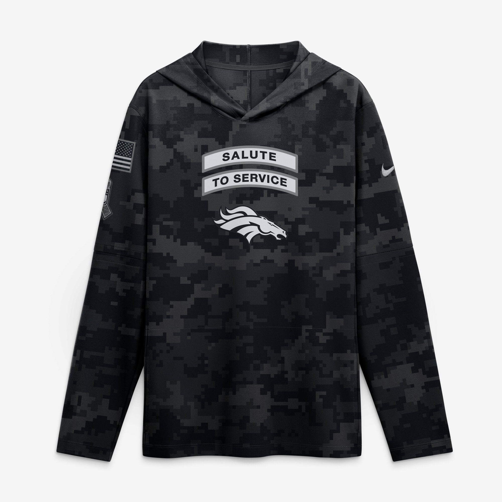 T-shirt à manches longues Nike Denver Broncos noir pour homme, collection Salute to Service 2026, léger, capuche et technologie Dri-FIT.