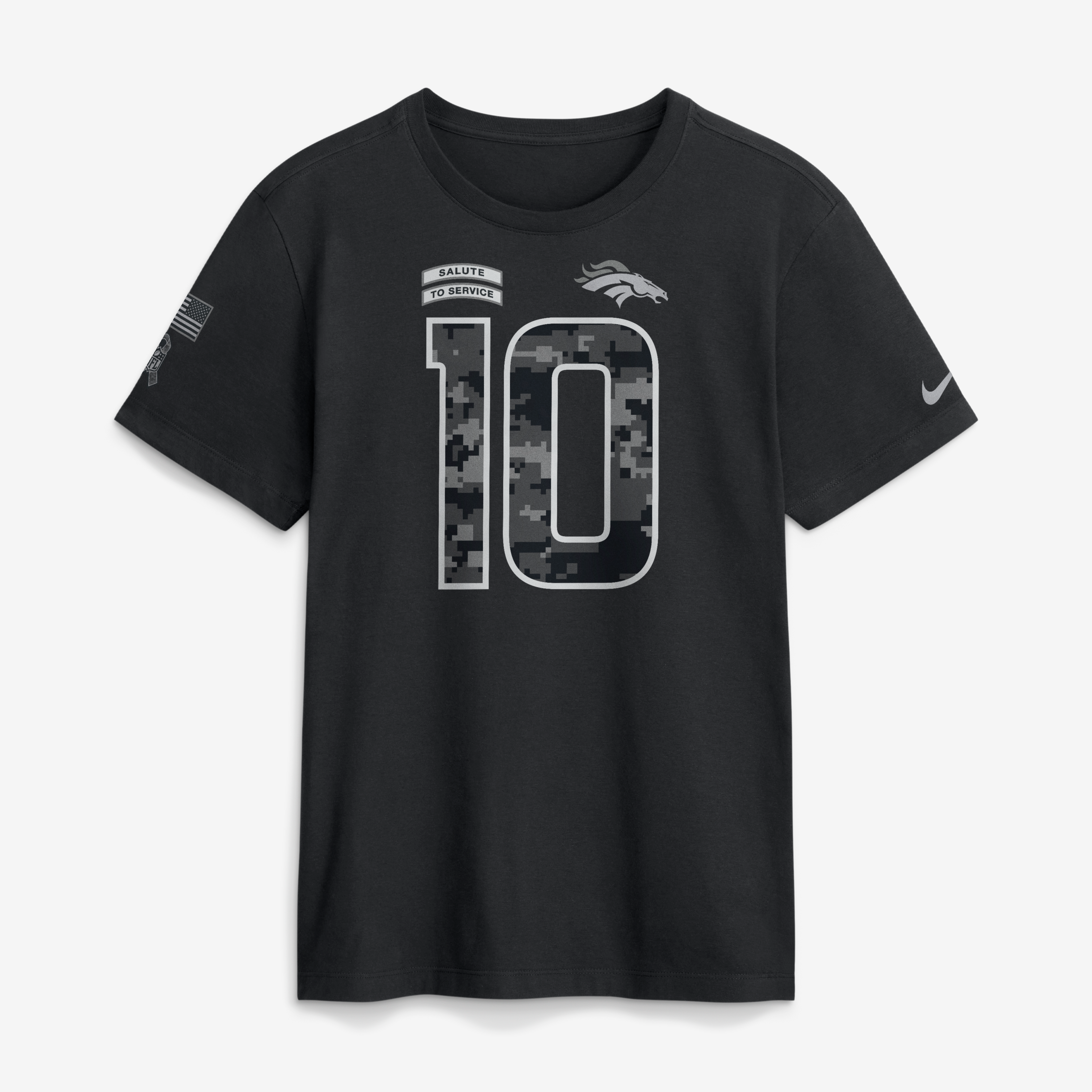 T-shirt Nike Bo Nix noir pour homme, Denver Broncos 2026 Salute to Service, nom et numéro