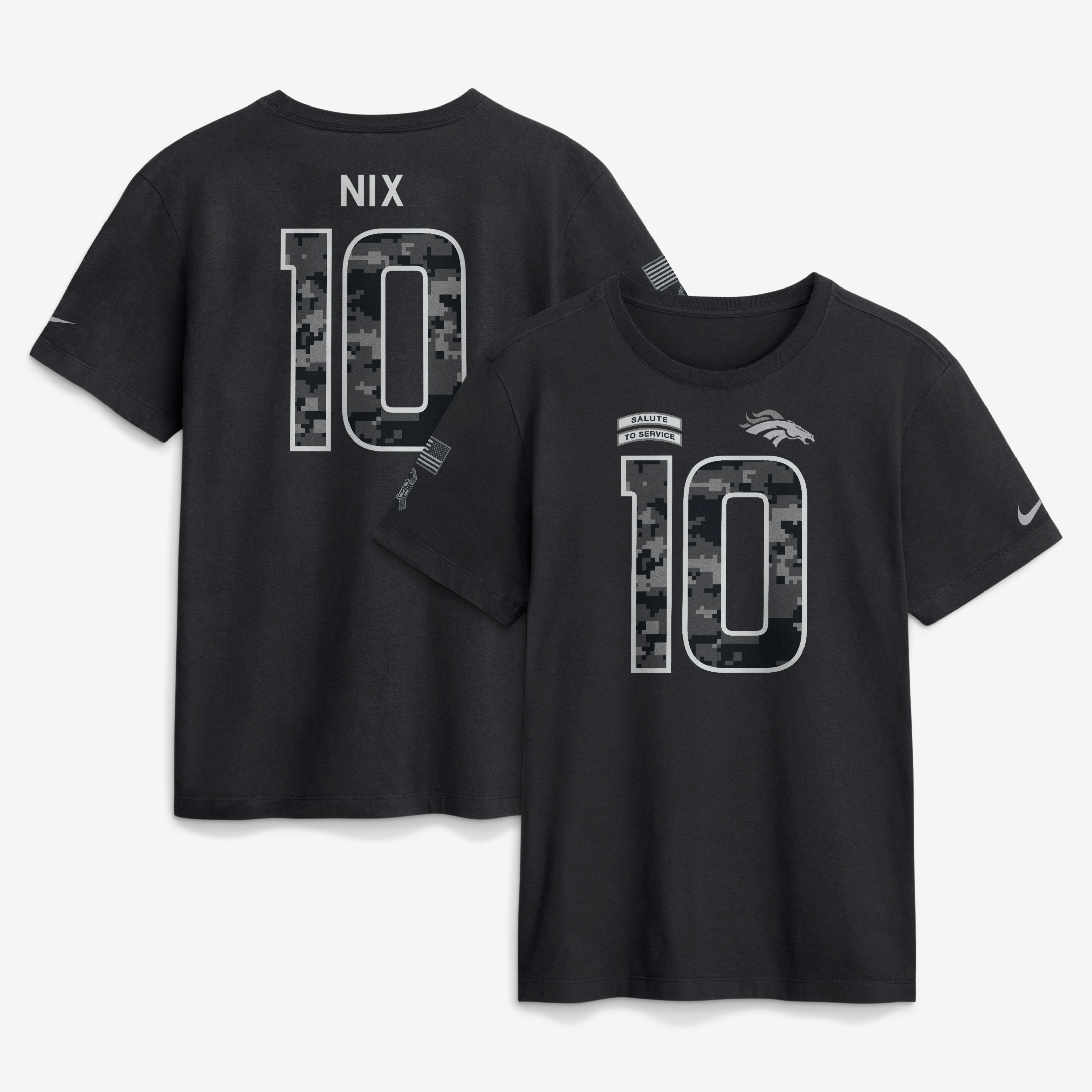 T-shirt Nike Bo Nix noir pour homme, Denver Broncos 2026 Salute to Service, nom et numéro
