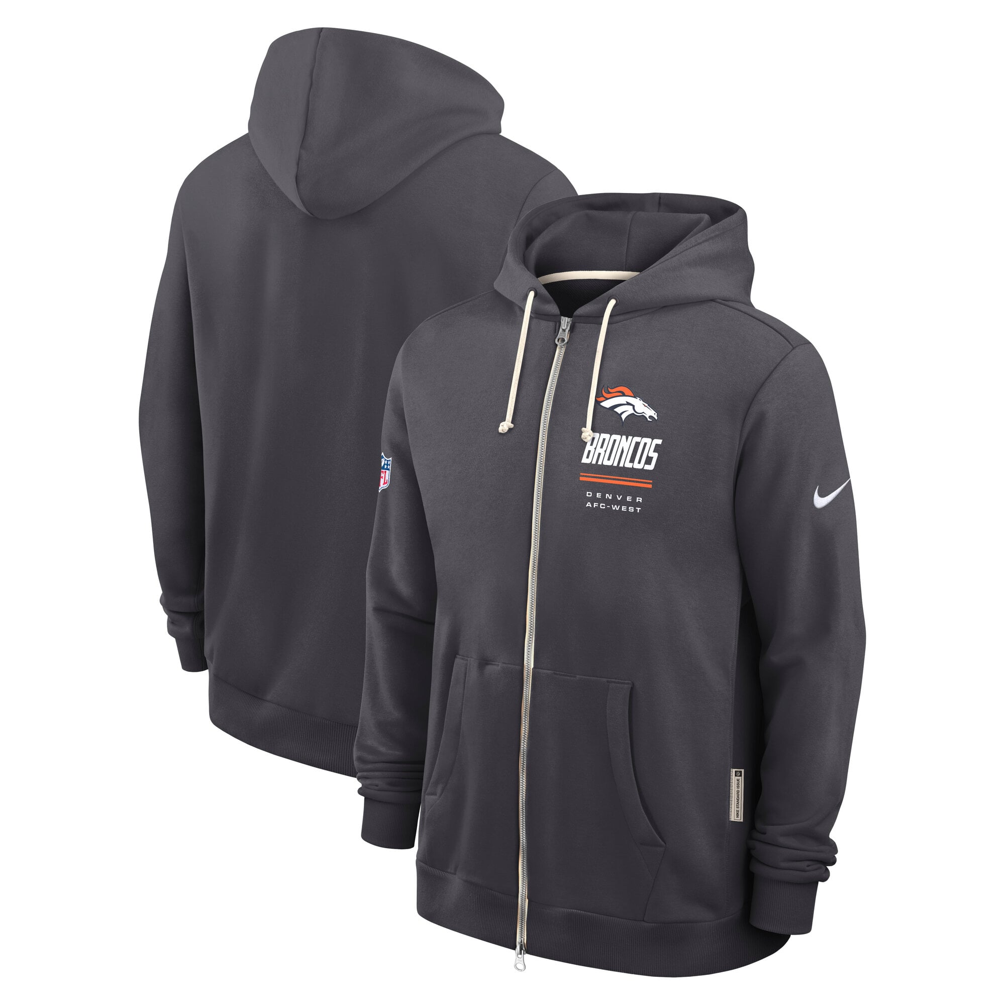 Men's Nike Charcoal Denver Broncos Sideline Standard Issue Quarterback Scramble Dri-FIT Full-Zip Hoodie