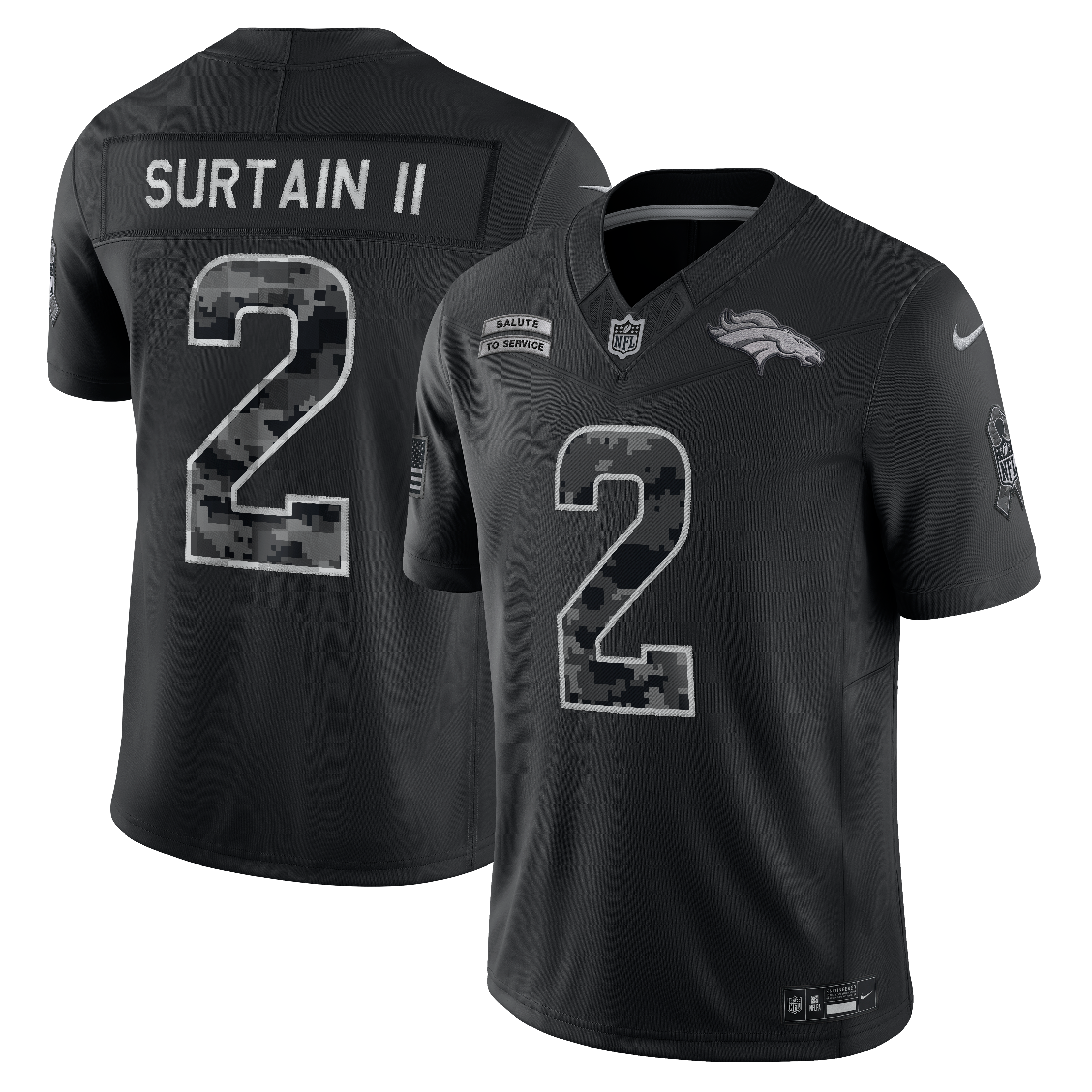 Maillot Nike Patrick Surtain II noir Denver Broncos 2026 Salute to Service, édition limitée cousue