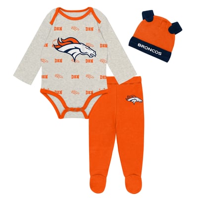Denver Broncos Outerstuff Newborn Huddles & Giggles 3-Piece Pant and Hat Set - Heather Gray
