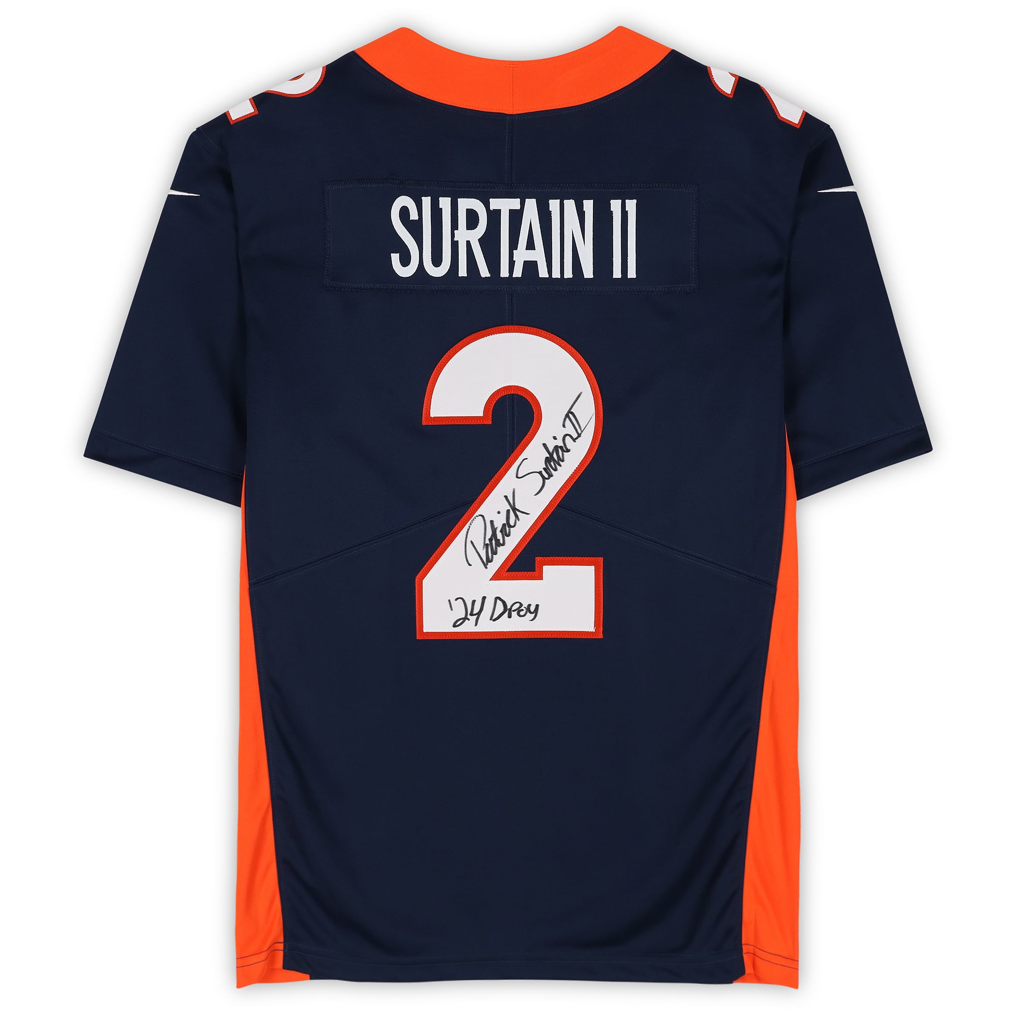 Maillot rétro Nike bleu marine 1997-2023, édition limitée, autographié par Patrick Surtain II des Denver Broncos, avec inscription « 24 DPOY ».