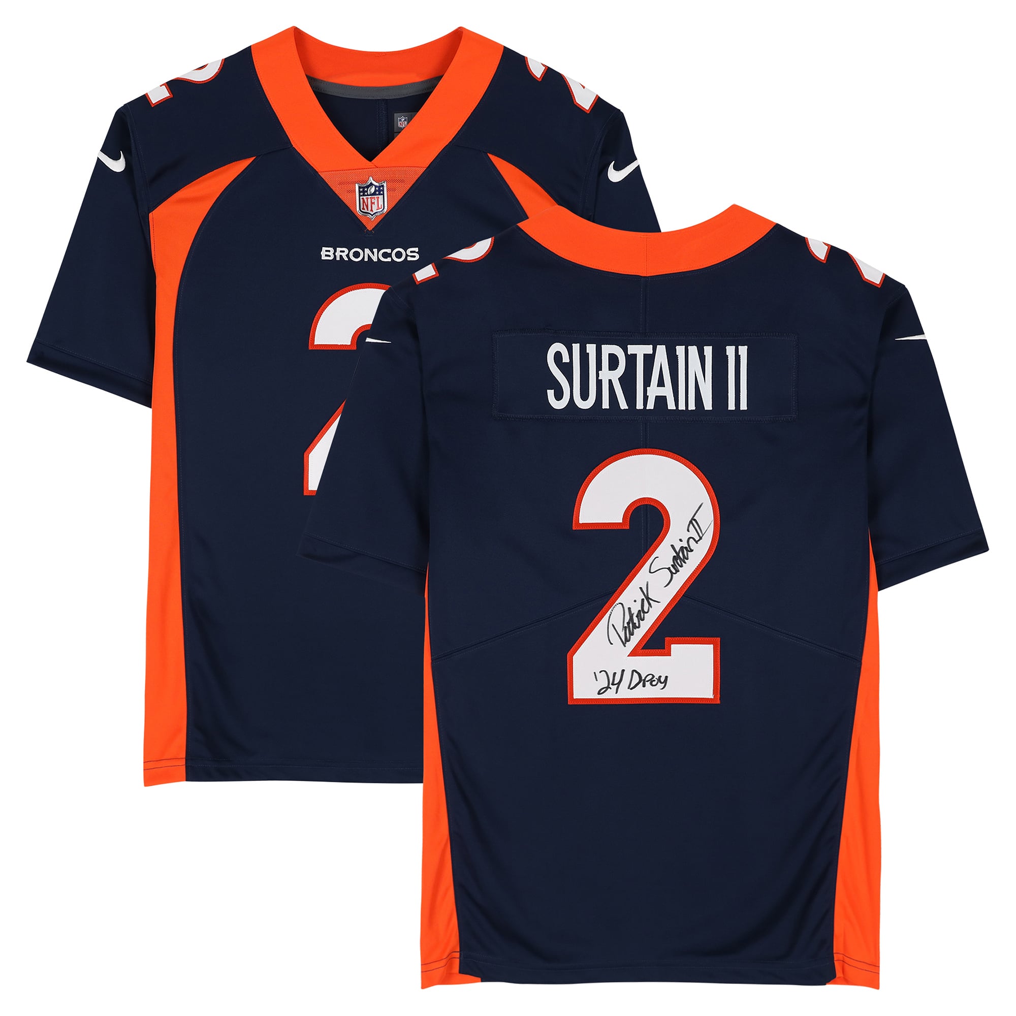 Maillot rétro Nike bleu marine 1997-2023, édition limitée, autographié par Patrick Surtain II des Denver Broncos, avec inscription « 24 DPOY ».