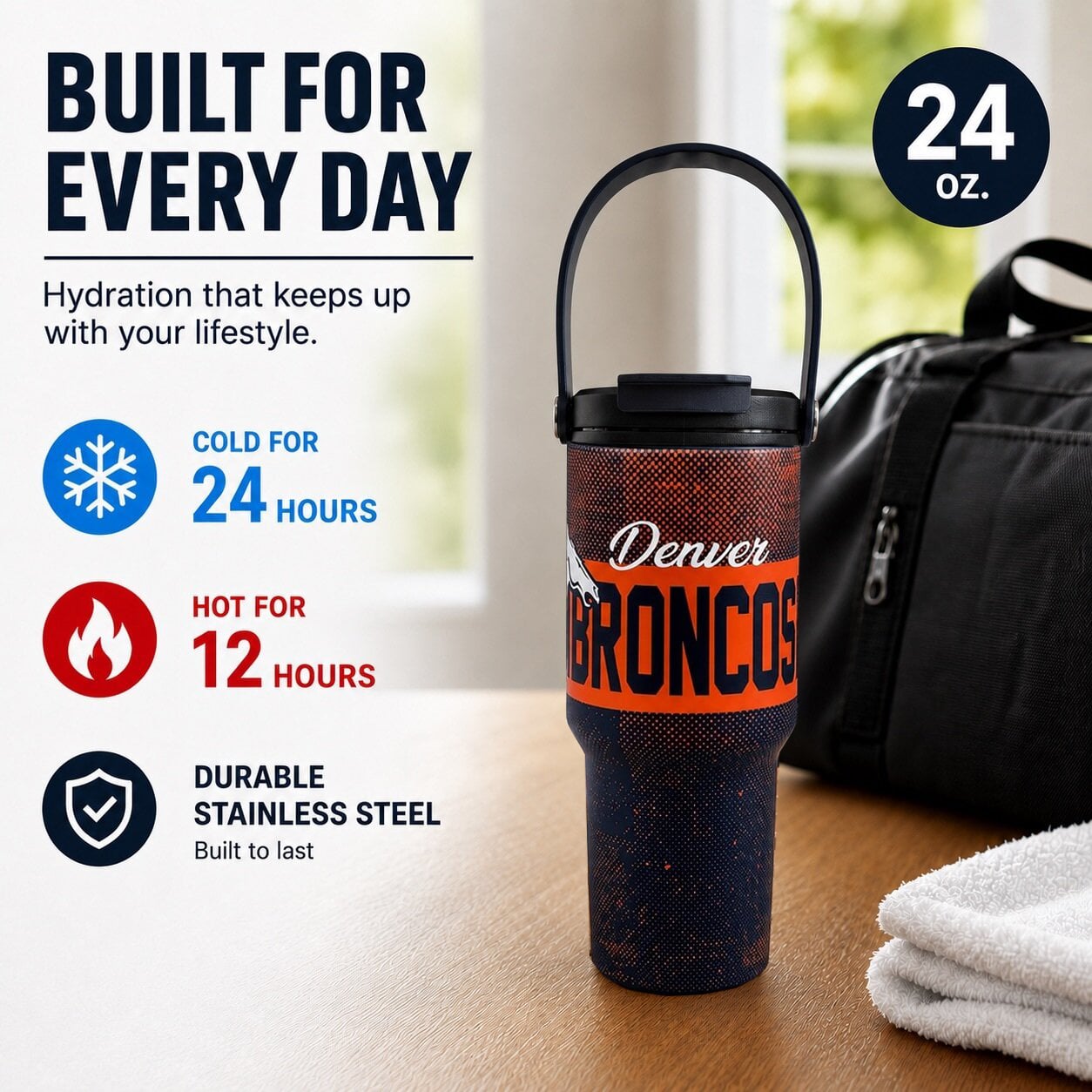 Pegasus Denver Broncos 24oz. Speckled Gradient Stainless Steel Dual Top Water Bottle