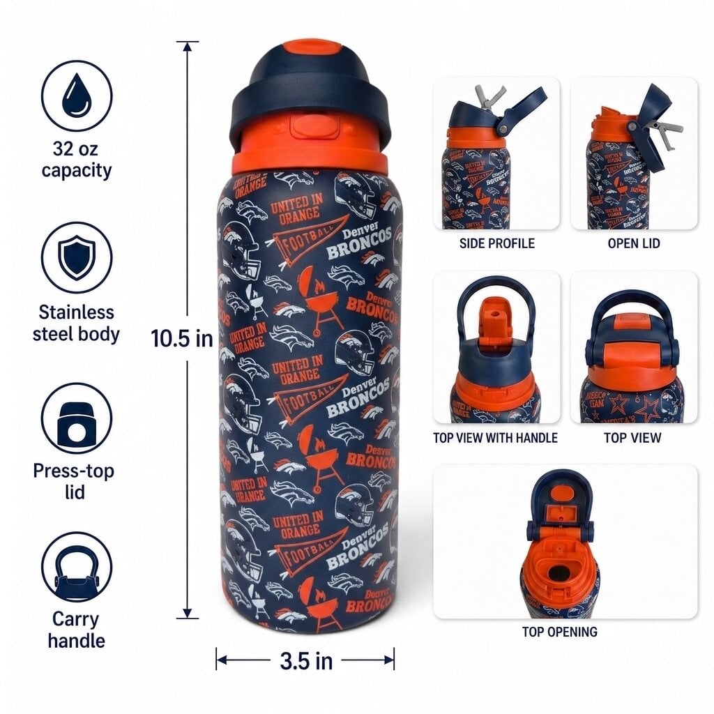 Gourde Pegasus Denver Broncos 32 oz, motif fanion de match, en acier inoxydable ProPress