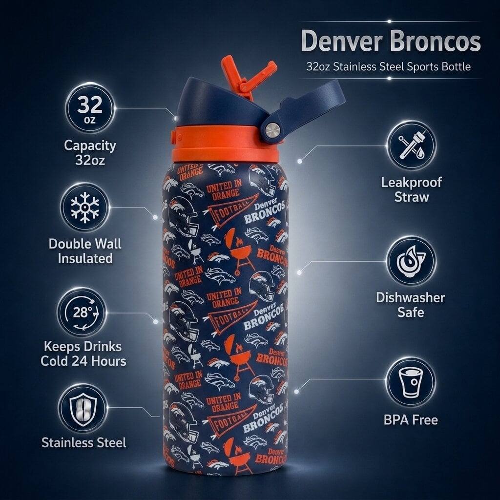 Gourde Pegasus Denver Broncos 32 oz, motif fanion de match, en acier inoxydable ProPress