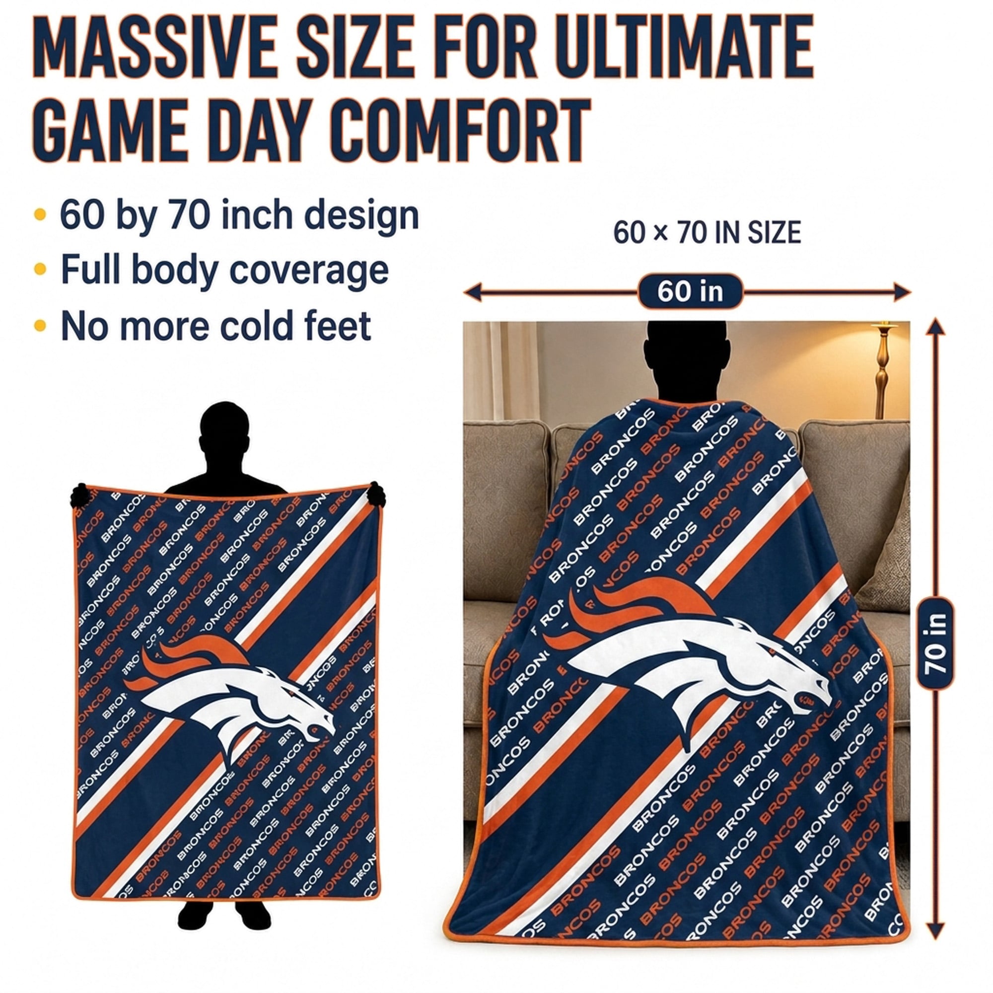 Couverture ultra douce Pegasus Denver Broncos 60" x 70" (diagonale) avec logo et doublure