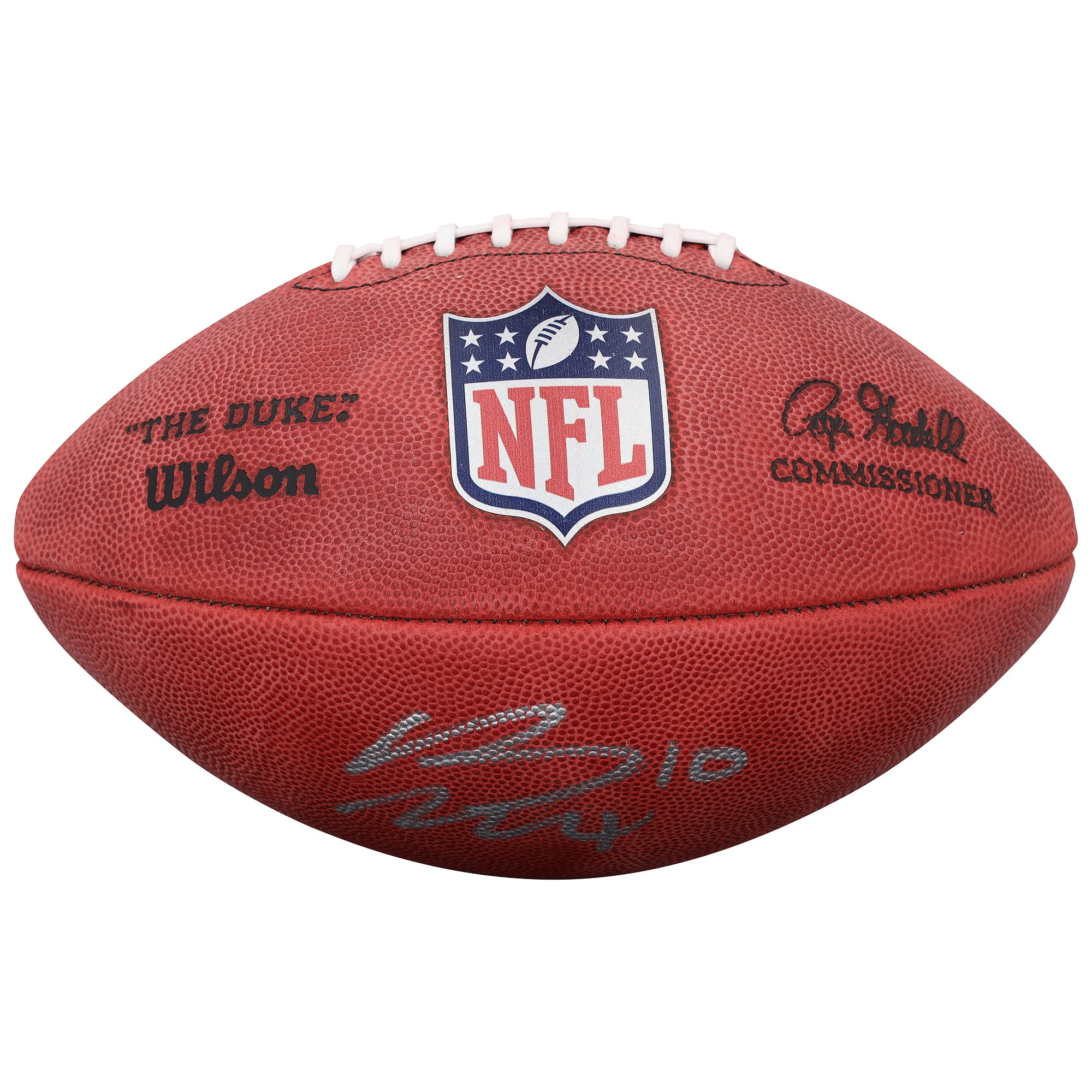 Ballon de football américain Duke en couleur, autographié par Peyton Manning et Bo Nix (Denver Broncos).
