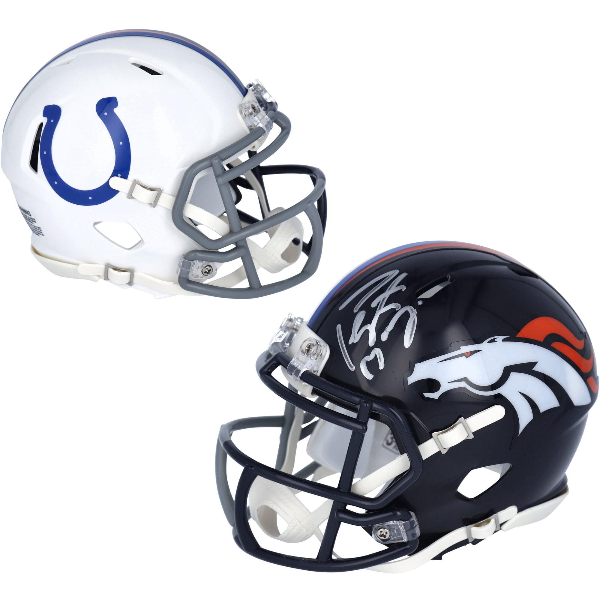 Casque miniature Riddell Half & Half Speed ​​autographié par Peyton Manning (Denver Broncos et Indianapolis Colts) - Signature côté Denver