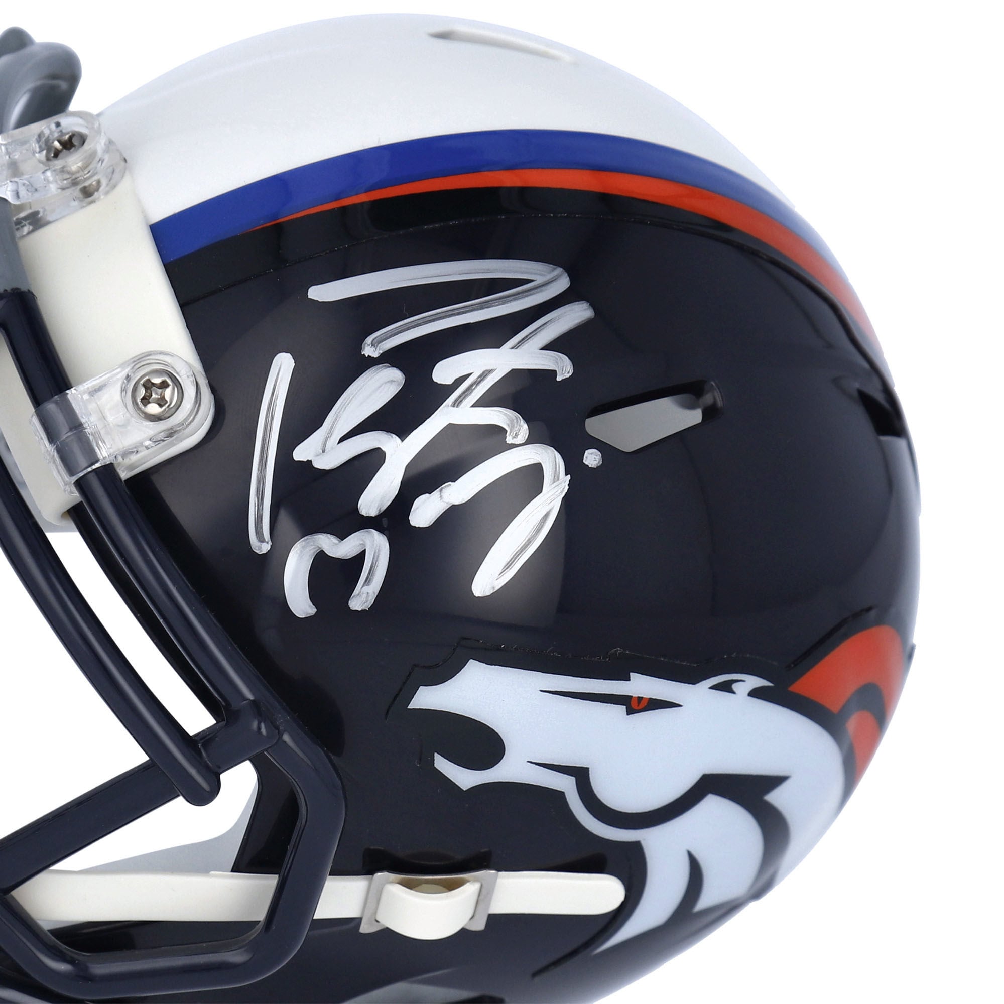 Casque miniature Riddell Half & Half Speed ​​autographié par Peyton Manning (Denver Broncos et Indianapolis Colts) - Signature côté Denver