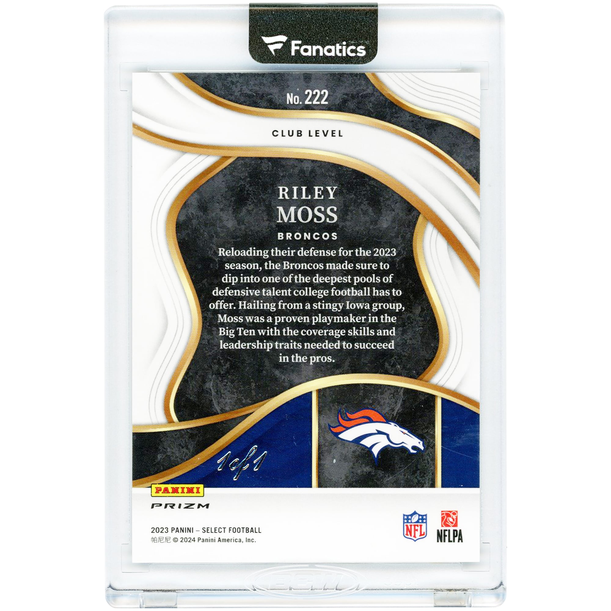 Carte de recrue Riley Moss Denver Broncos 2023 Panini Select Black Mojo Prizm #222 #1/1
