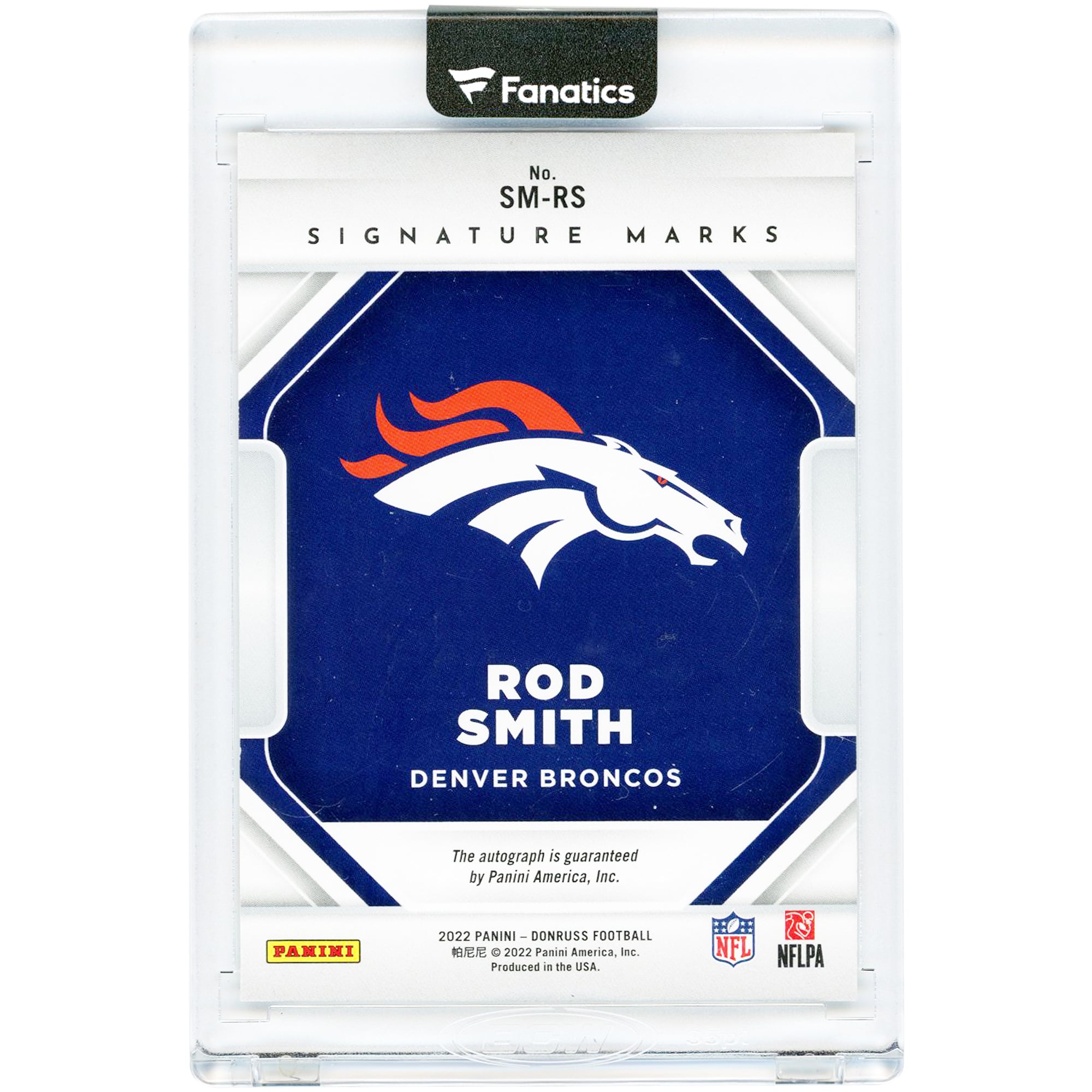 Carte Panini Donruss Signature Marks 2022 autographiée par Rod Smith (Denver Broncos) #SM-RS