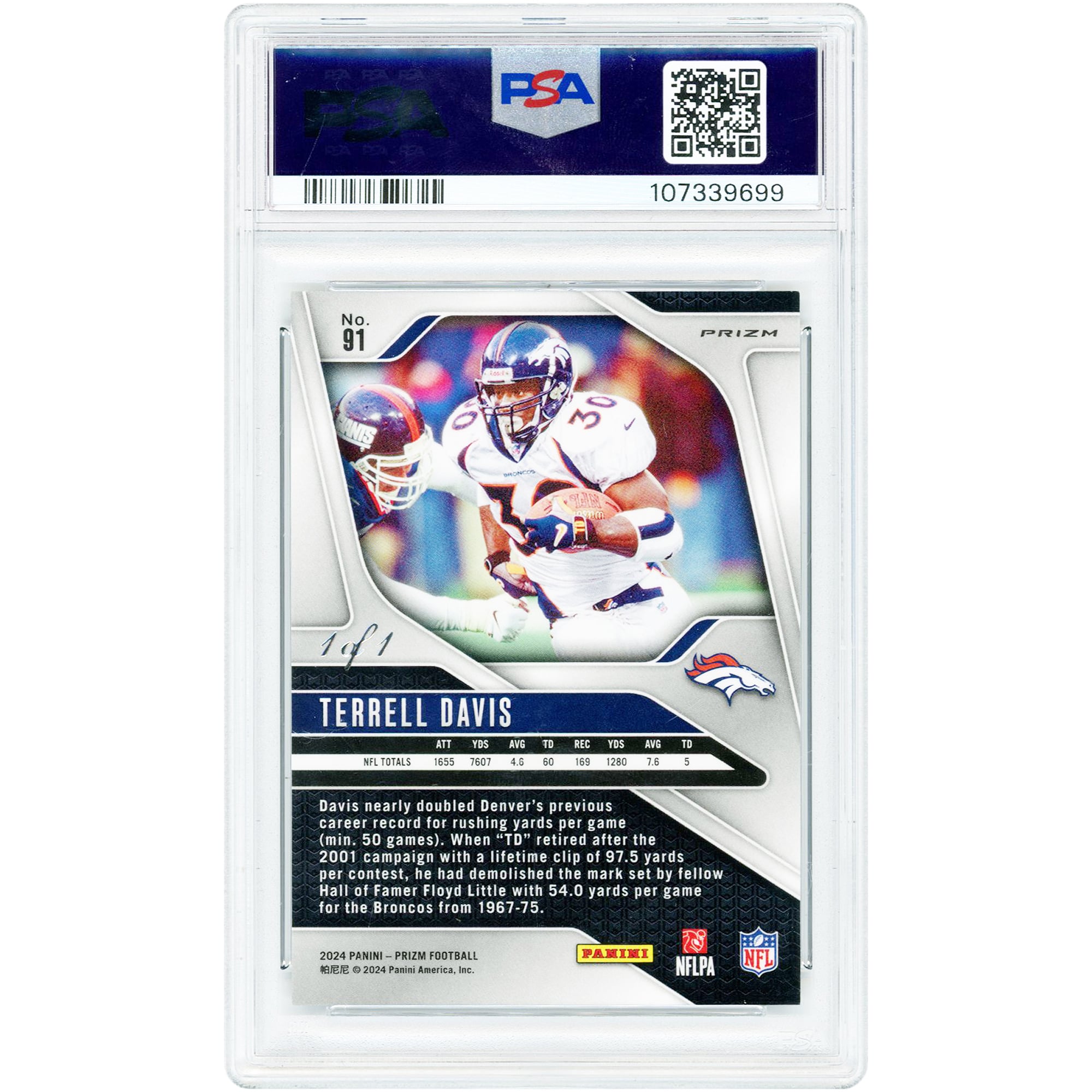 Carte Terrell Davis Denver Broncos 2024 Panini Prizm Black Shimmer Prizm n° 91, authentifiée PSA 9 (1/1).