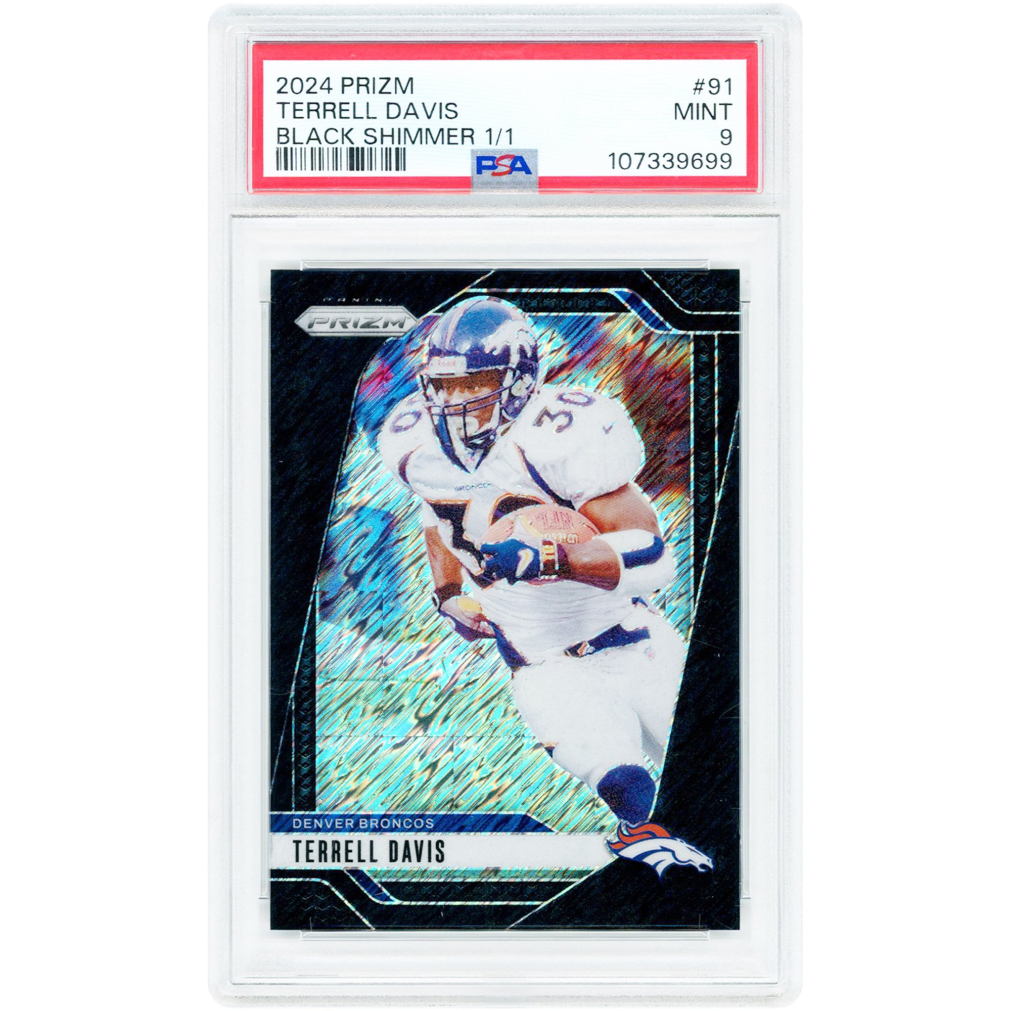 Carte Terrell Davis Denver Broncos 2024 Panini Prizm Black Shimmer Prizm n° 91, authentifiée PSA 9 (1/1).