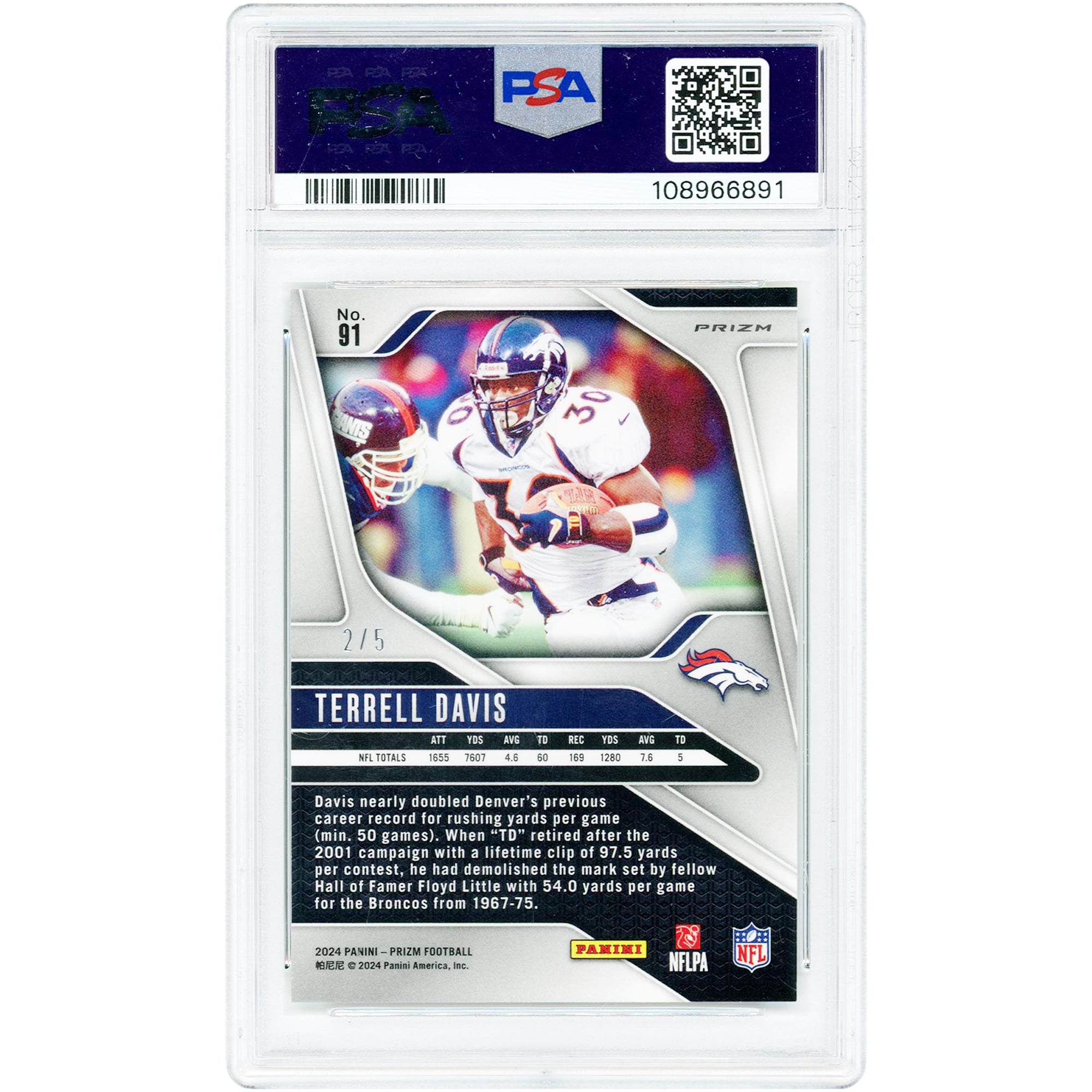 Carte Terrell Davis Denver Broncos 2024 Panini Prizm Gold Vinyl Prizm n° 91, n° 2/5, authentifiée par PSA (10 cartes).