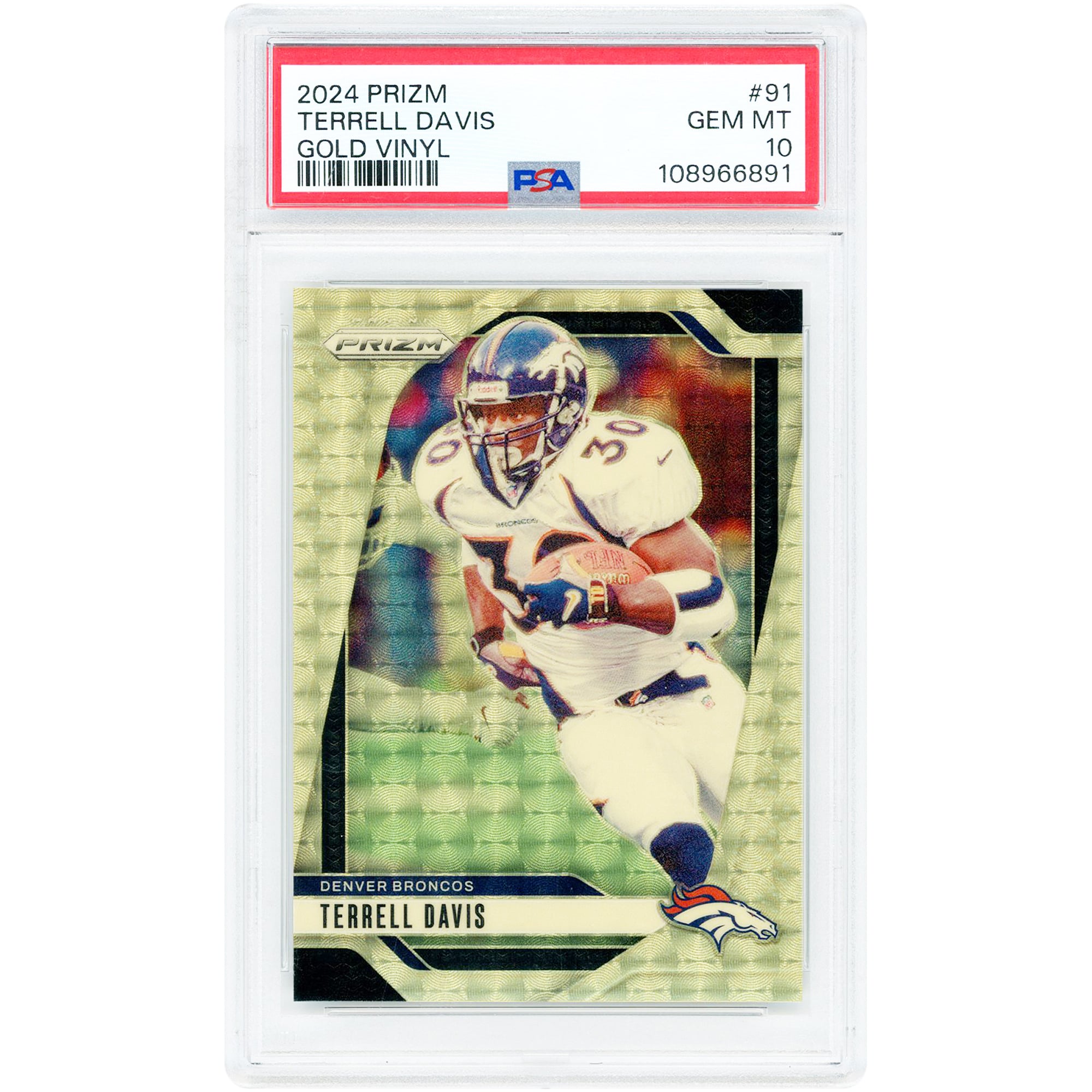 Carte Terrell Davis Denver Broncos 2024 Panini Prizm Gold Vinyl Prizm n° 91, n° 2/5, authentifiée par PSA (10 cartes).