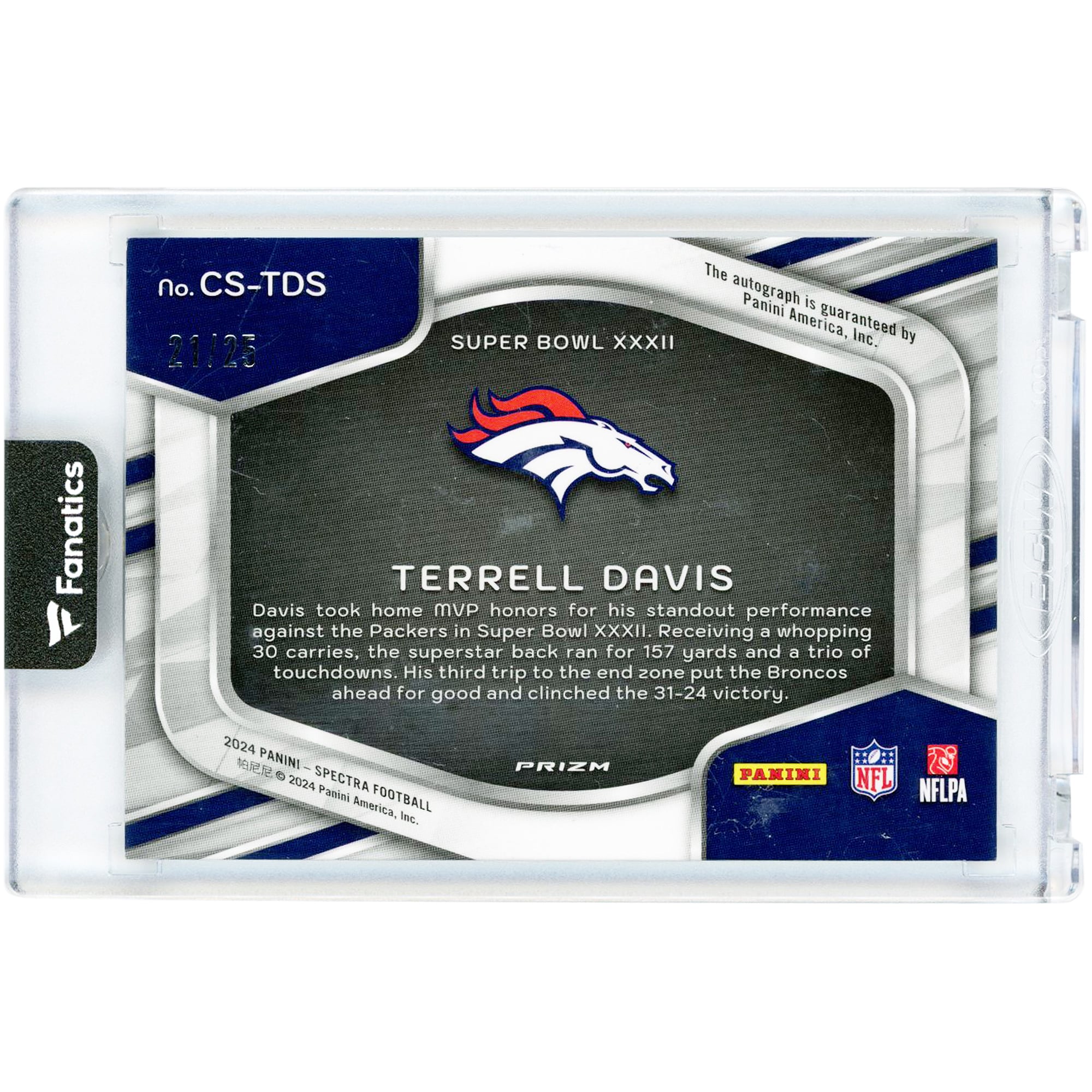 Carte autographiée Terrell Davis des Broncos de Denver, collection Panini Spectra Champion Signatures 2024, n° CS-TDS, n° 21/25
