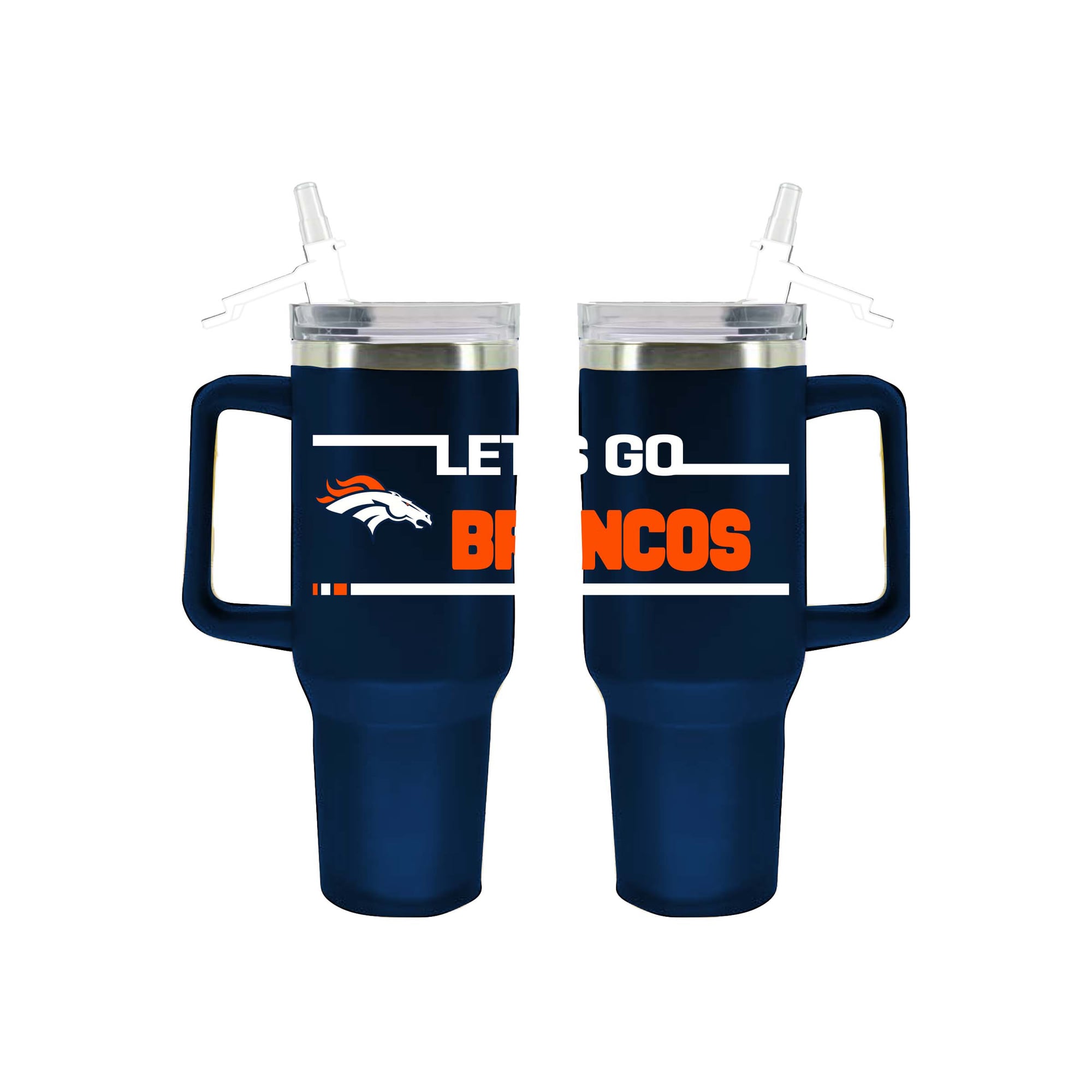 Gobelet isotherme de 1,2 L (40 oz) en acier inoxydable aux couleurs de l'équipe Denver Broncos de The Memory Company, avec paille rabattable.