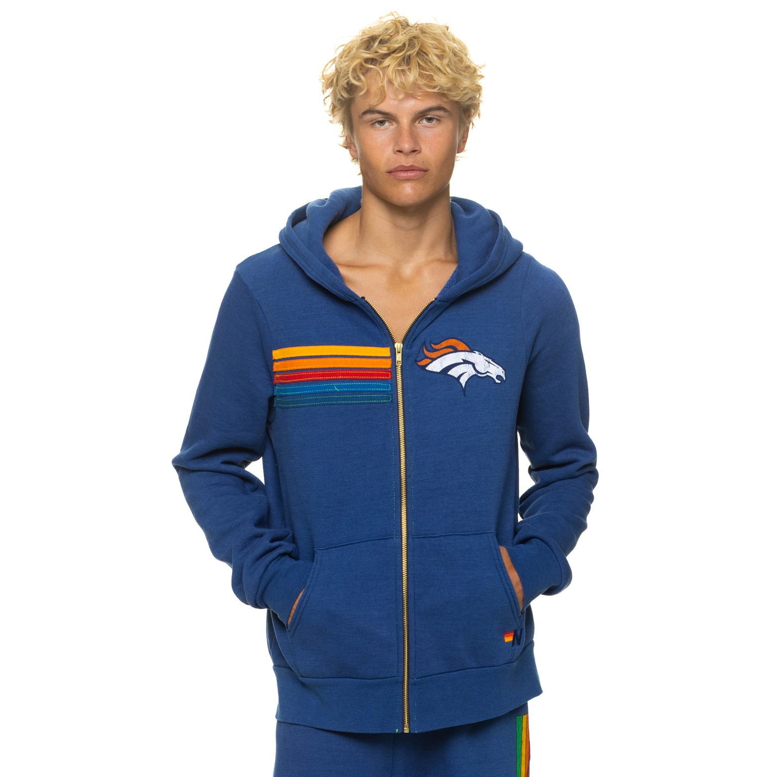 Sweat à capuche unisexe Aviator Nation bleu marine Denver Broncos en mélange de trois matières, fermeture éclair intégrale